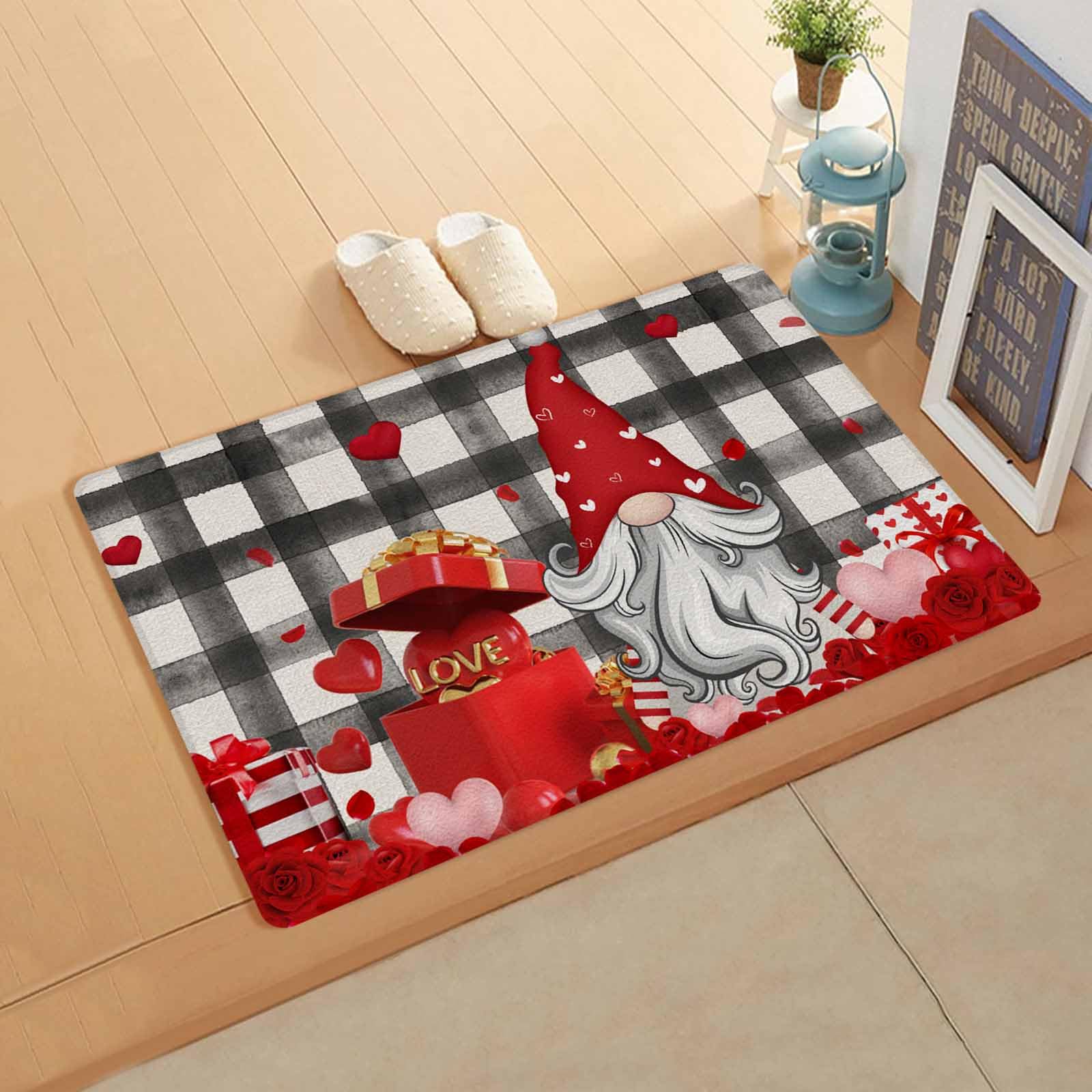 Valentine's Day Kitchen Bath Door Mat Cushioned Runner Rug,Washable Welcome Floor Sink Antifatigue Mat,Waterproof & Non-Slip Comfort Standing Doormat,Valentine Gnomes Love Buffalo Plaid Black 18