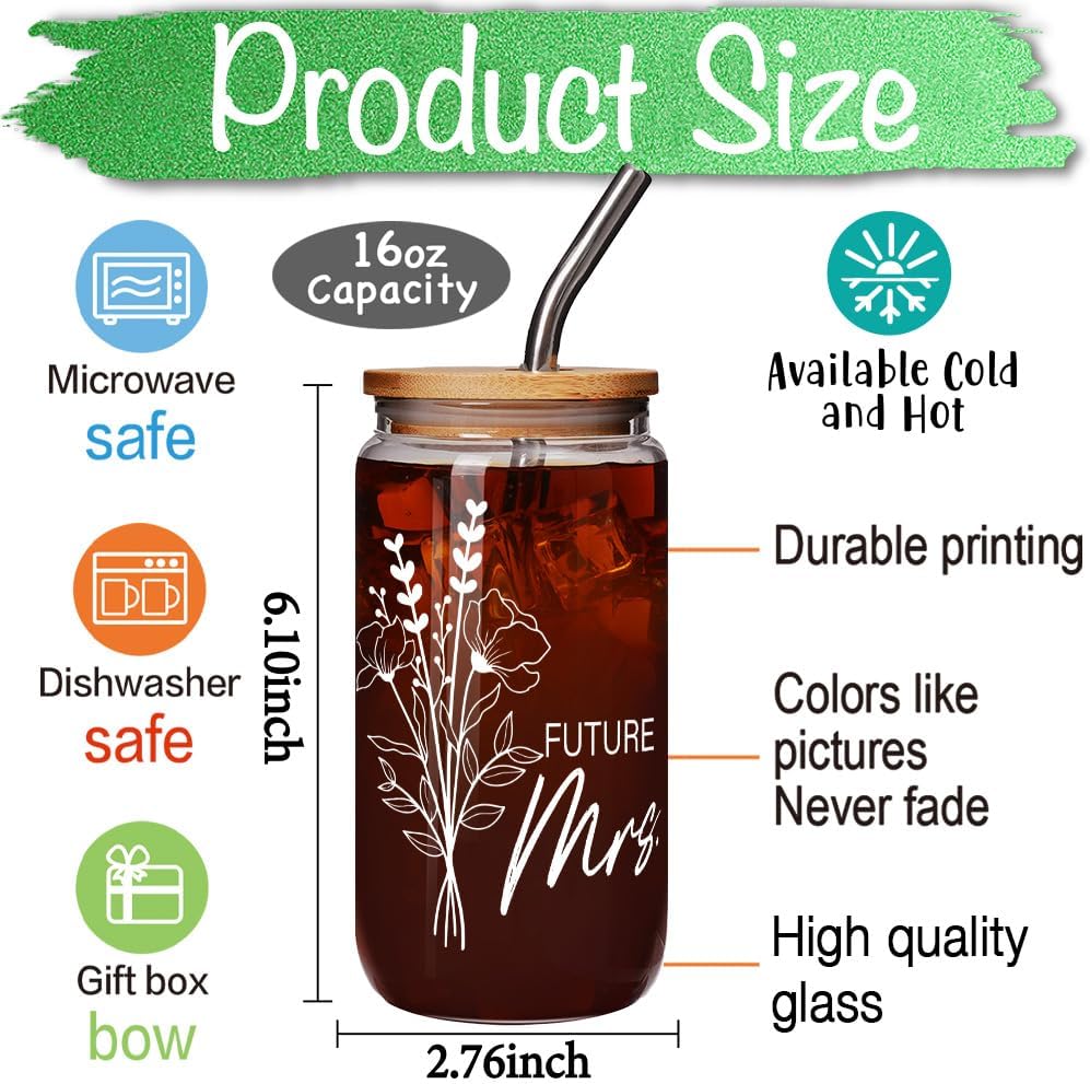 Bride to Be Glass Cup Gifts, Bridal Shower Gift, Engagement Gifts for Women, Bachelorette Gifts for Bride, Bachelorette Party Favors, Future Mrs Glass Cup, Engaged Glass Gifts for Her 16 Oz Can Glass - Image 3