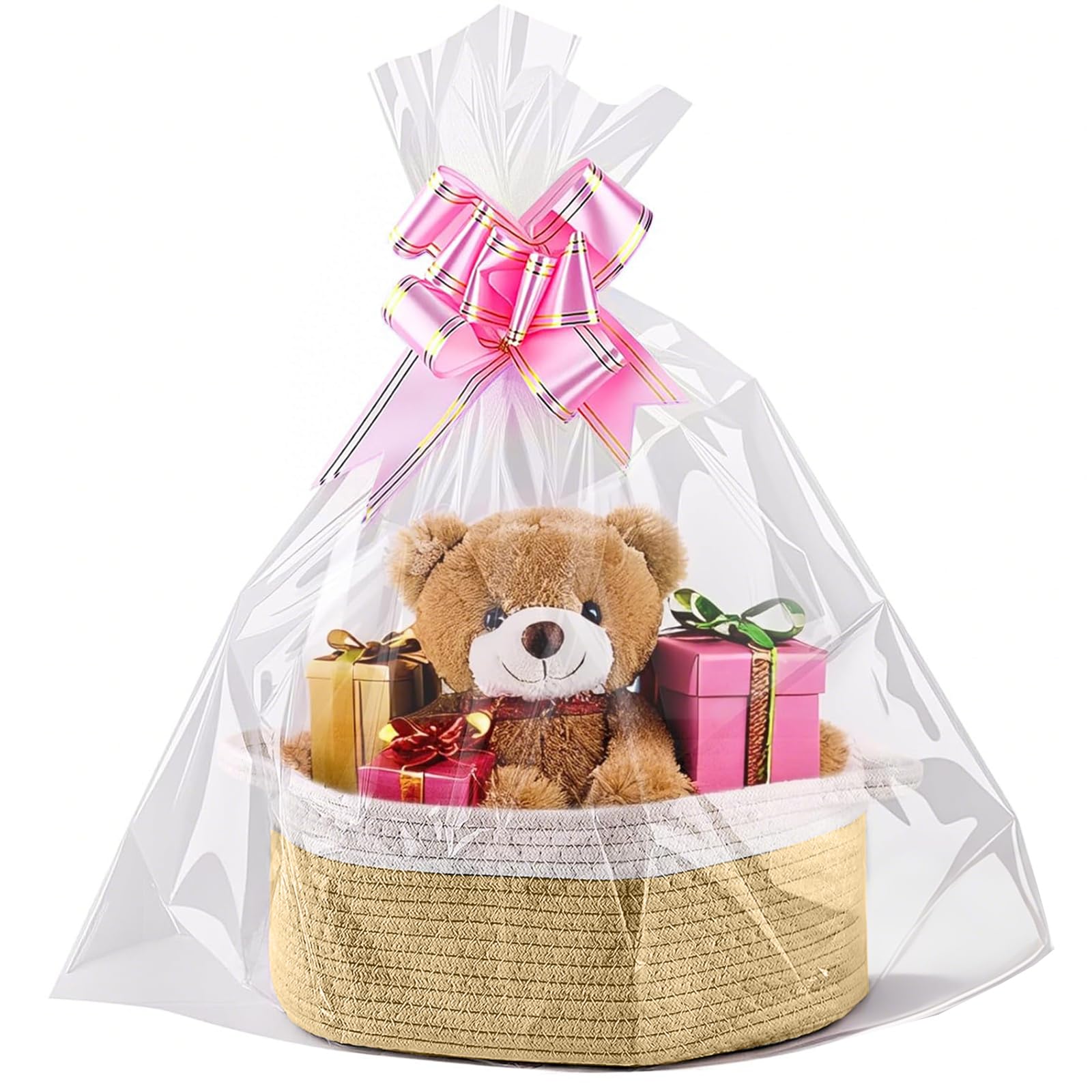 HhBdy Gift Basket, Hamper Baskets for Gifts Empty 30 × 12 cm Hamper Basket Cotton Baskets for Gifts with Gift Bag and Ribbon for Baby Shower Wedding Birthday Storage Easter (Khaki White)