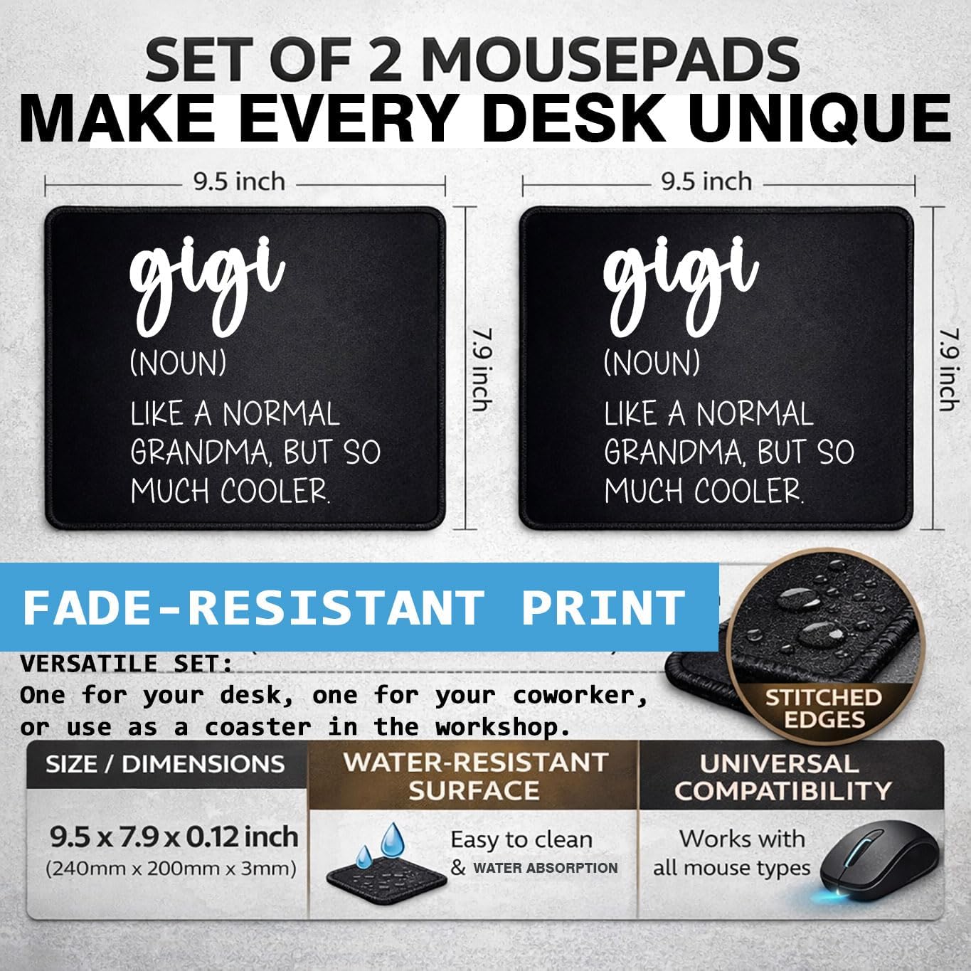 Gigi Mouse Pad Set, Rubber, Black, Non-Slip, Office, 9.5x8 inches, Rectangular, 2 Pack image 2