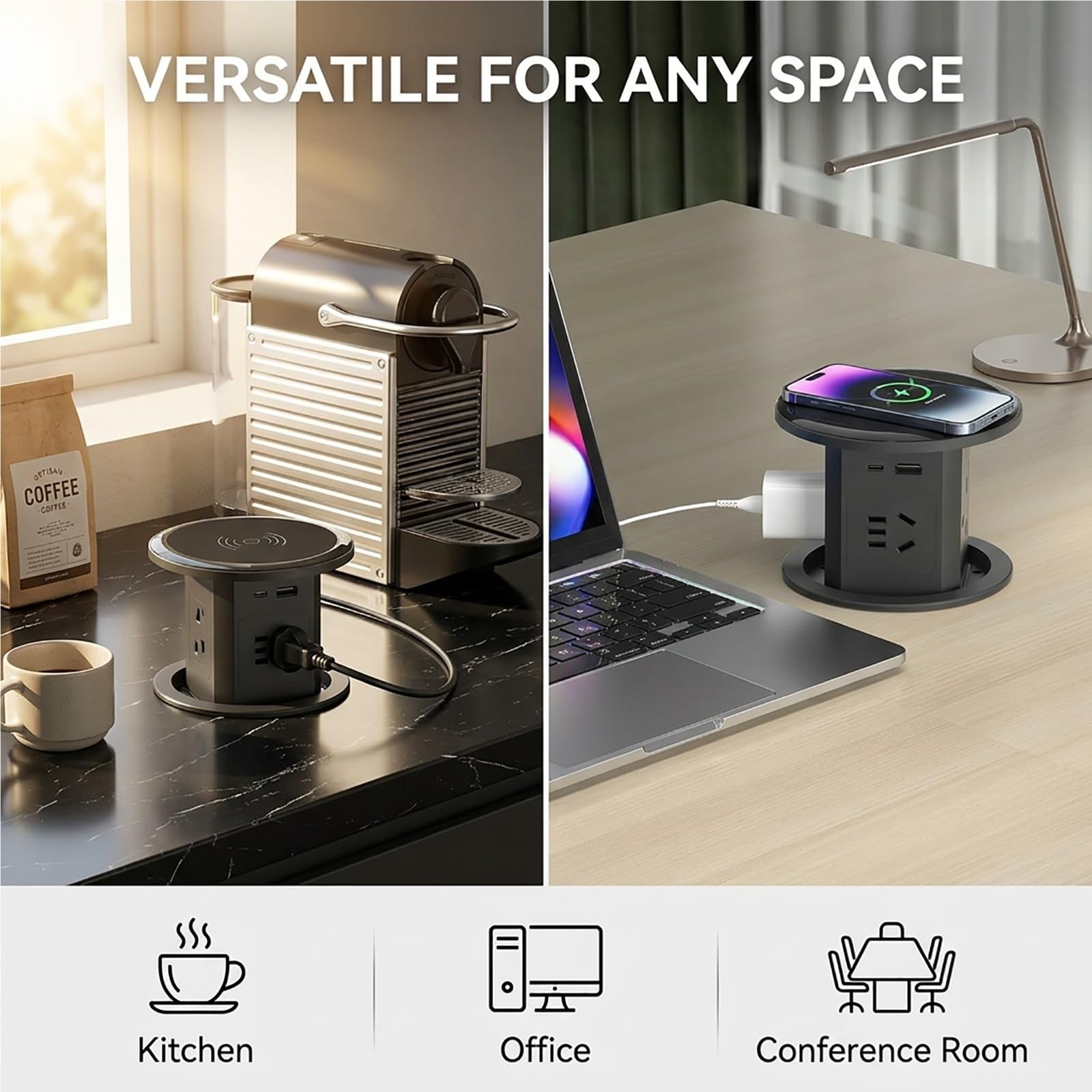 Prise Escamotable Bureau avec Charge sans Fil 15W Ports USB-C et USB-A Multiprise Encastrable pour Ilot de Cuisine Bureau Table de Conference Prise de Plan de Travail Cachee Maison(White)