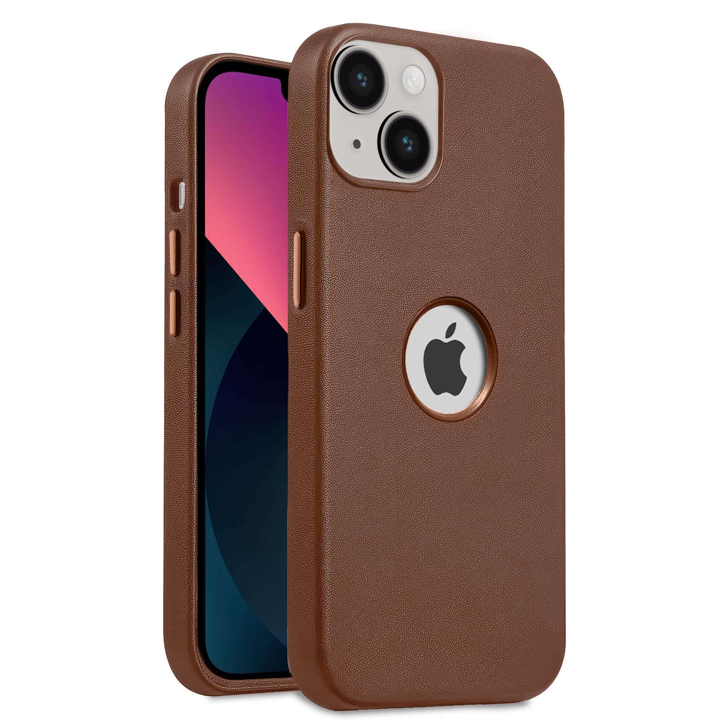 Pikkme Back Cover Premium Vegan Leather Texture Bumper Case Logo Cut Cover for iPhone 13 (Umber)