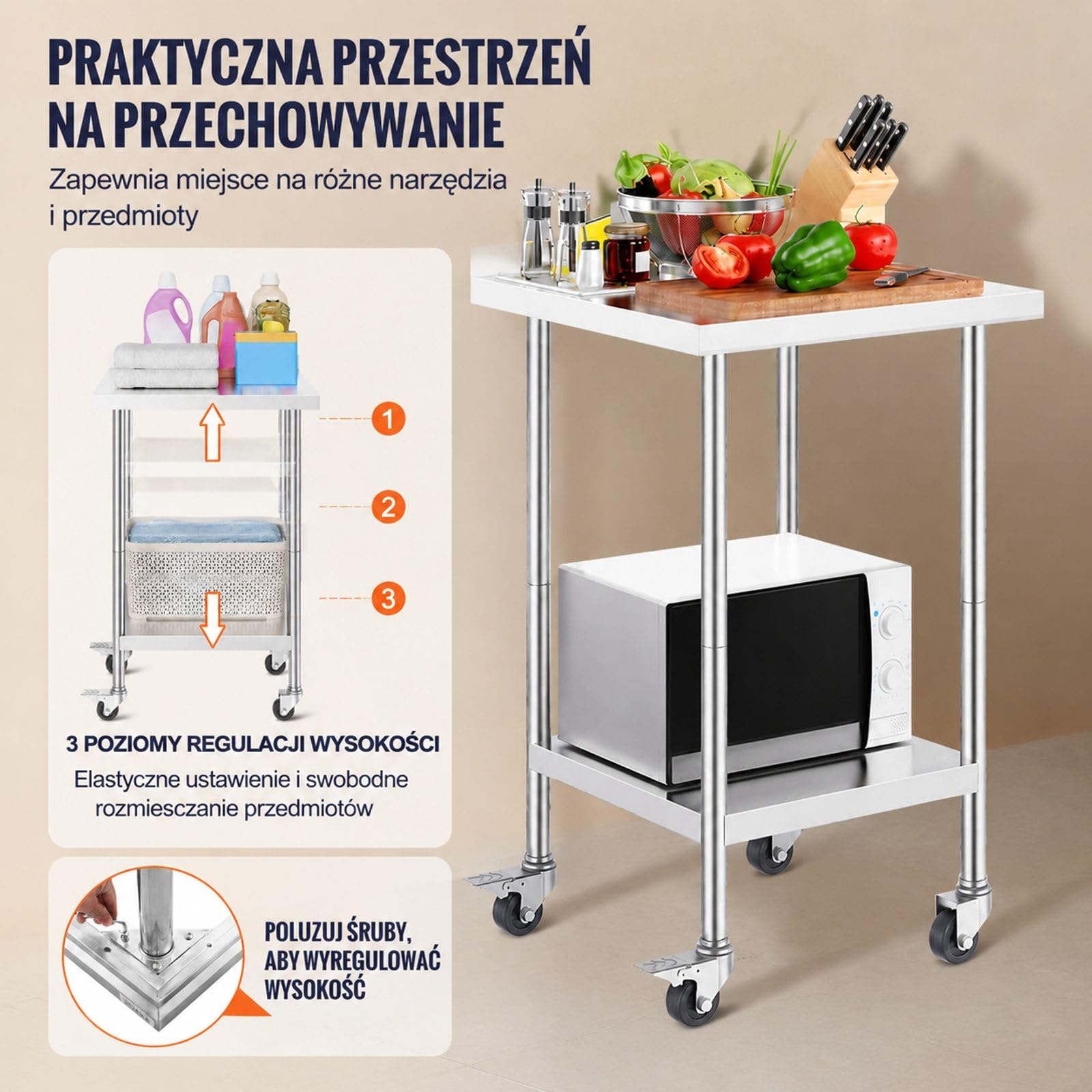 Stół roboczy ze stali nierdzewnej na kółkach, dwupoziomowy blat kuchenny do restauracji i domu