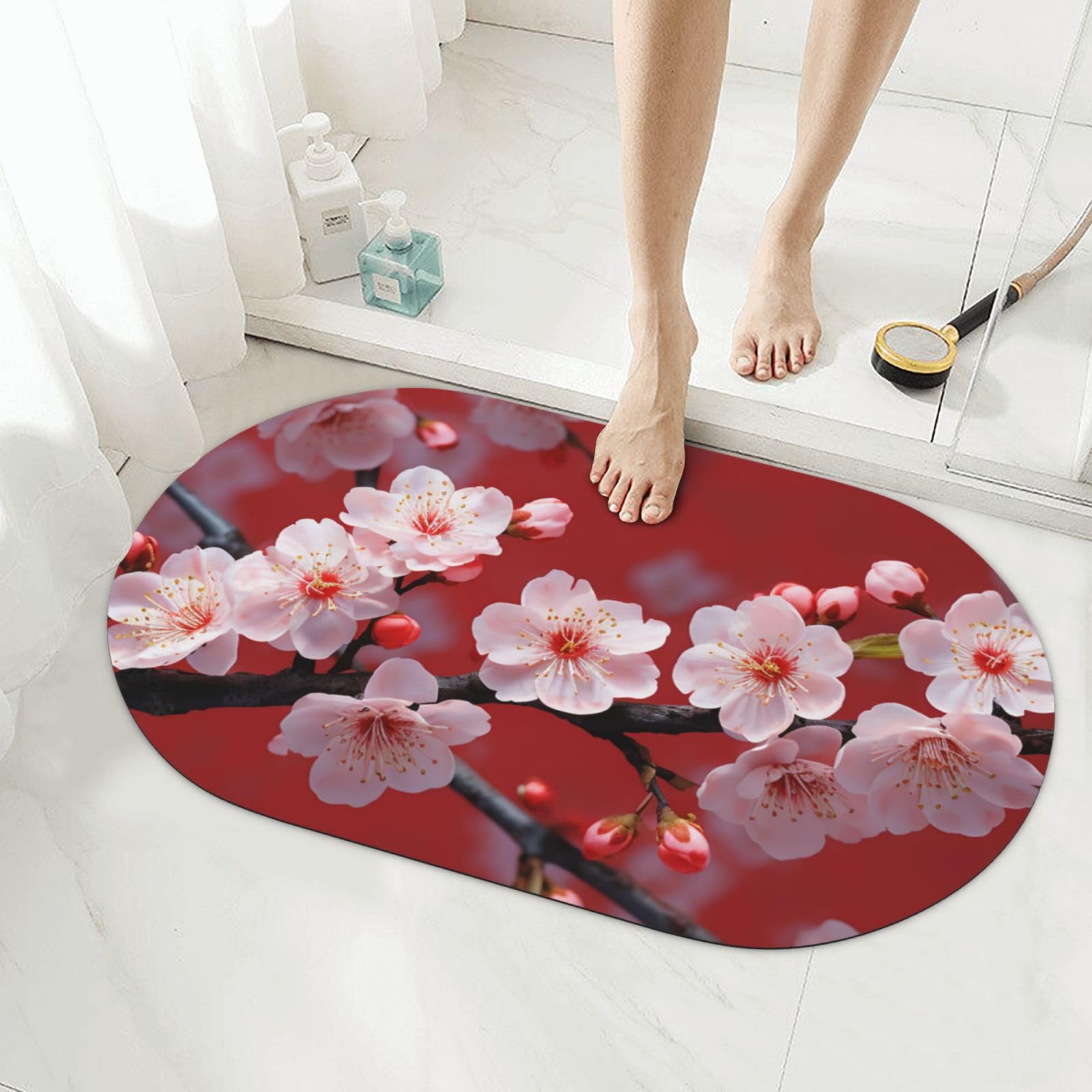 Tapis de bain en pierre rose fleur de prunier absorbant séchage rapide douche 50x80cm