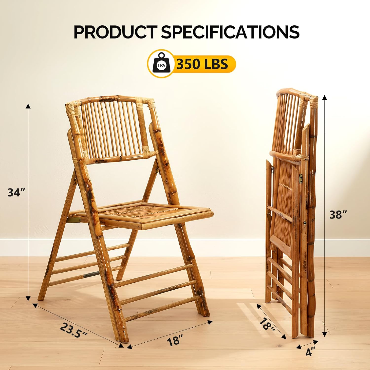 Bonnlo Bamboo Folding Chairs 1/2/4 Pack Foldable Dining Wood Chairs for Outdoor Indoor Garden Patio Lawn Porch Wedding Party Event