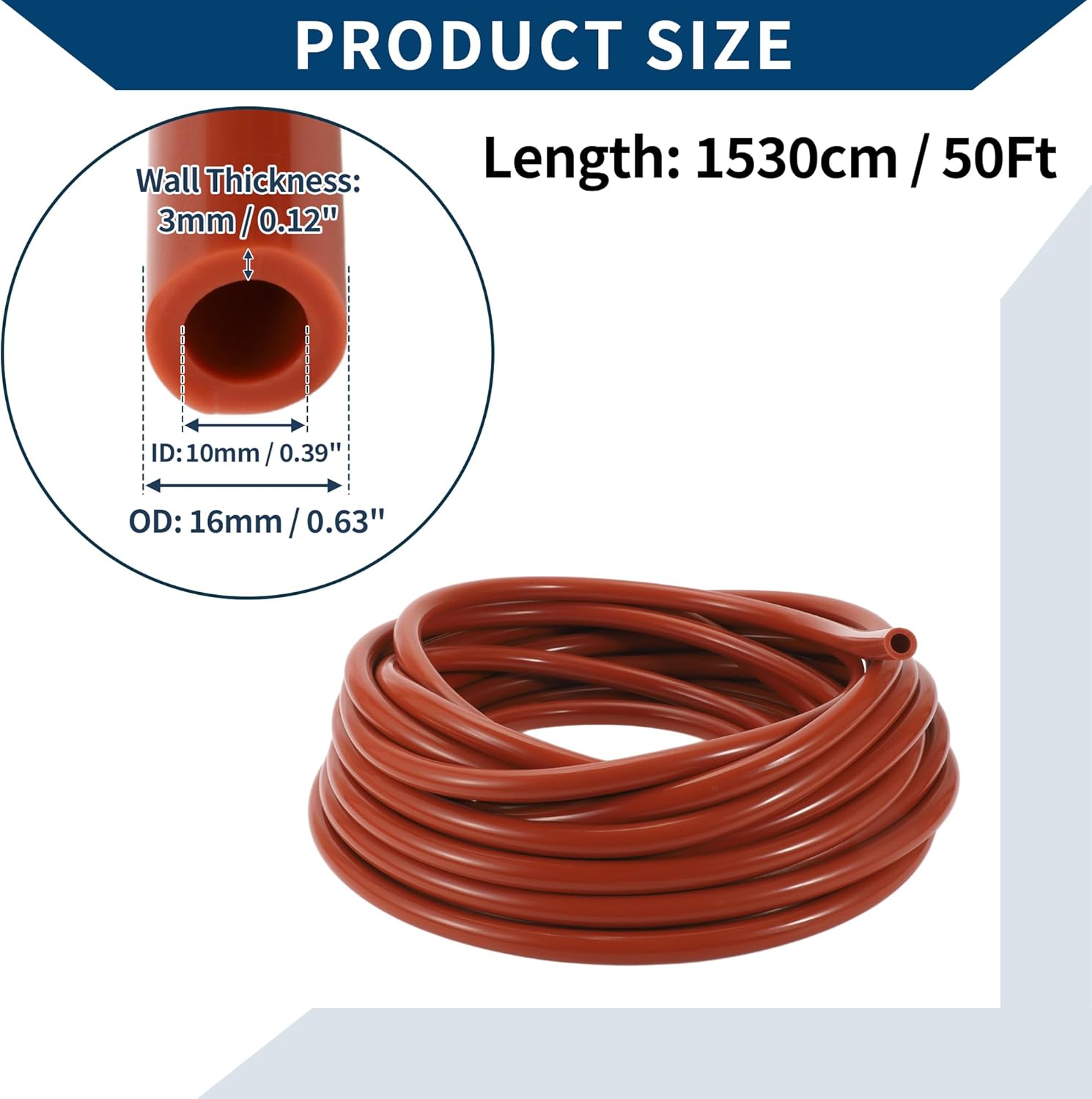 Silicone Vacuum Tubing Hose Automotive Vacuum Line High Temperature 50Ft 3/8" 10mm ID 3mm Thickness 1 Pcs Red