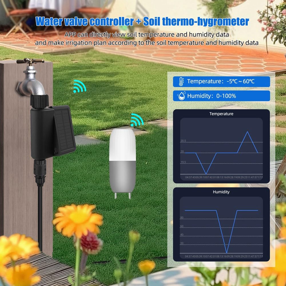 Timer A Energia Solare per L'Acqua con Valvola Tuya, Sensore di Temperatura e Umidità del Terreno