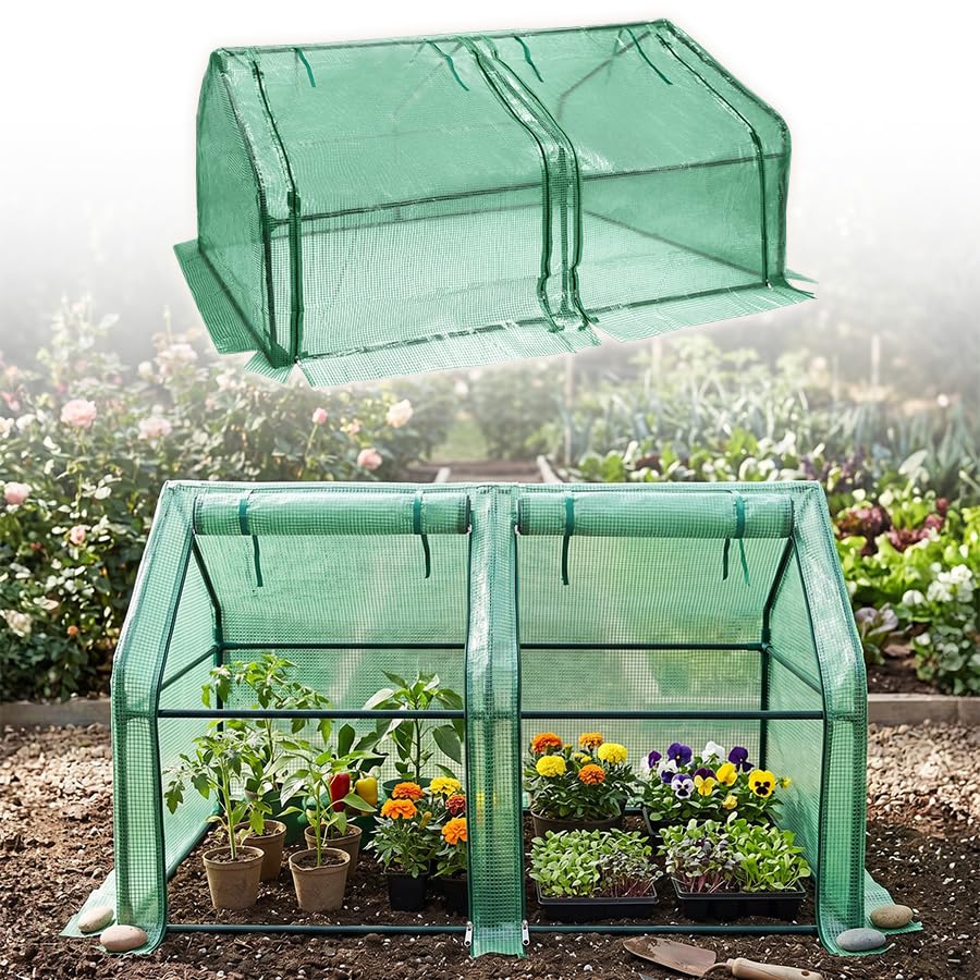 LARS360 Mini Greenhouse 180x90x90cm, with 2 Roll-Up Zipper Doors, Coated Metal Frame, Waterproof 140g HDPE, Portable Plant Grow House for Vegetables Flowers Plants, Green
