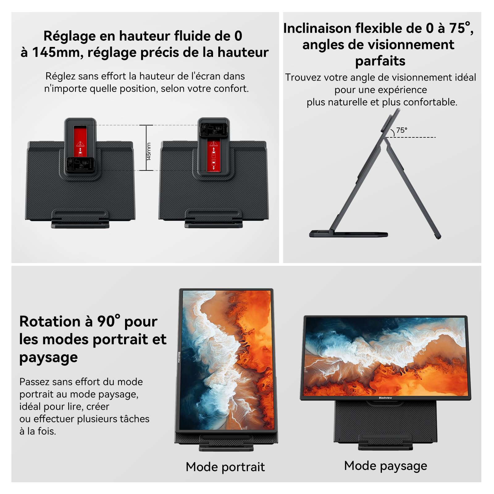Blackview Ecran Portable, 23.8" 1080P FHD 100Hz Moniteur Portable, Gaming ecran pc IPS, Pied Pliable réglable à 90°, pour Laptop, Desktop, MacBook, PS4/5, Compatible VESA
