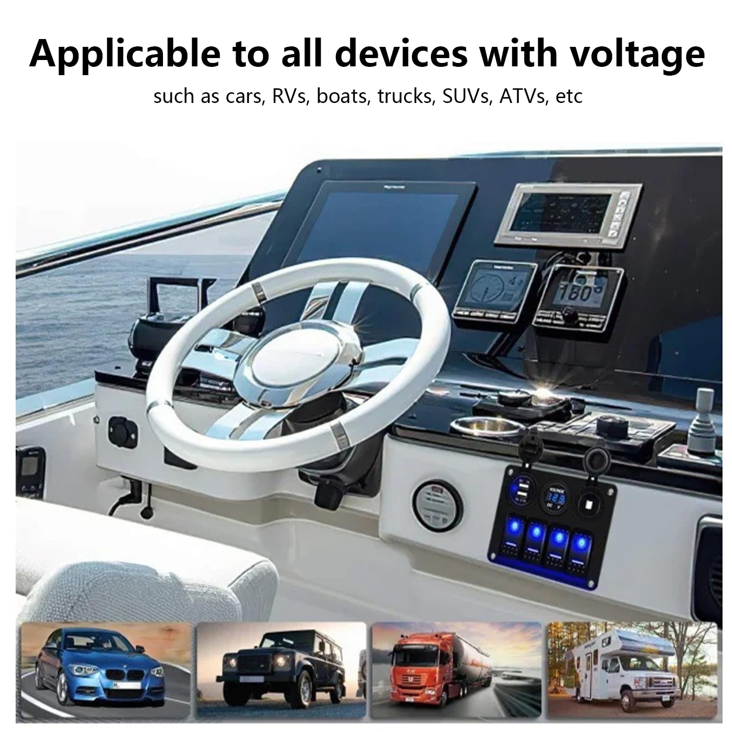 Pannello di controllo per barche marine impermeabile, presa accendisigari da 12/24V con voltmetro digitale, 150W per camion, auto, camper