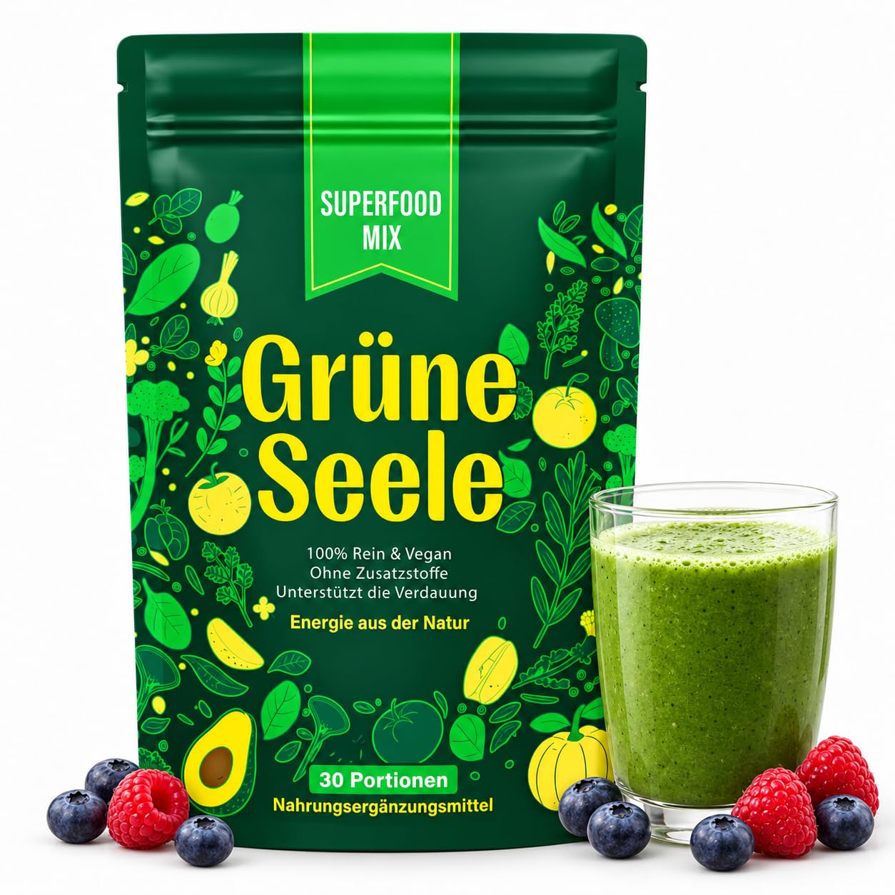 Grüne Superfood Mix Helfer, 210g Grüne Entgiftungspulver mit Spirulina, Chlorella, Gerstengras, Matcha & Probiotika – Reich an Vitamin C, D3 & Antioxidantien – 30 Portionen