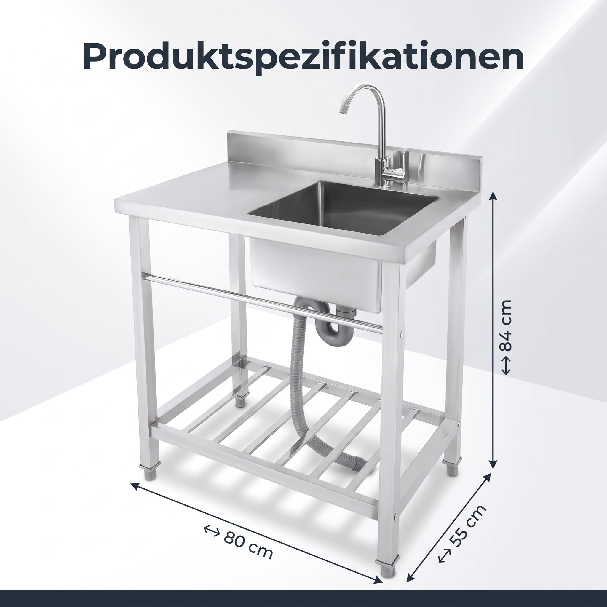 Freistehende Küchenspüle Edelstahl Spülbecken, Multifunktions Spüle mit Wasserhahn mit Kalt und Warmwasserschläuchen, 80×55×92 cm Gewerbliche Spülbecken, Tragfähigkeit 99.8 kg für Außen, Lnnen, Küche,
