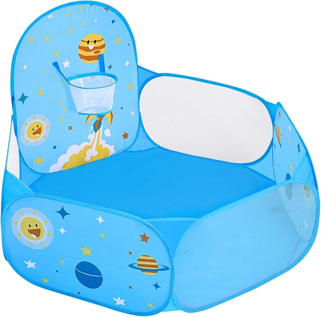 SONGMICS Kids Ball Pit, Ball Pool, Indoor and Outdoor Playpen Tent for Toddlers with Basketball Hoop, Toy Gift for Children (Balls Not Included), Space Theme, Blue LPT66BU