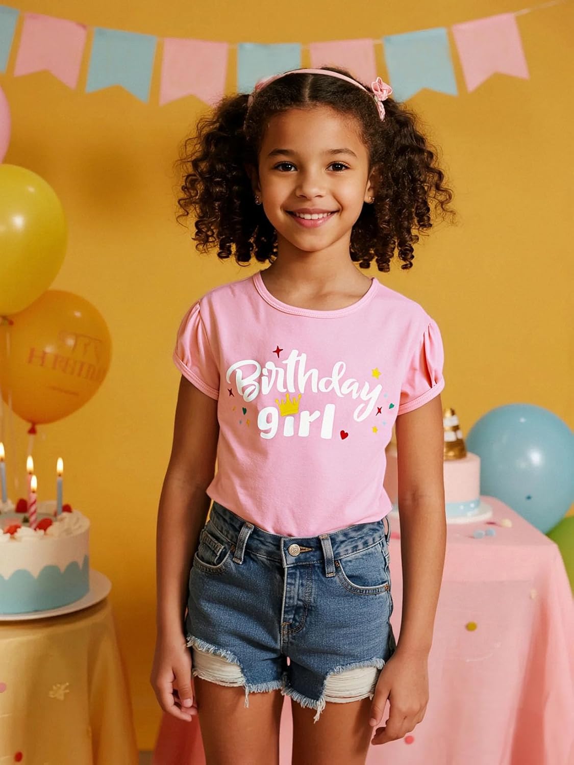 COSLAND Girls' Solid Puff Sleeve T-Shirt Crew Neck Cotton Short Tee 2-12Y - Image 4