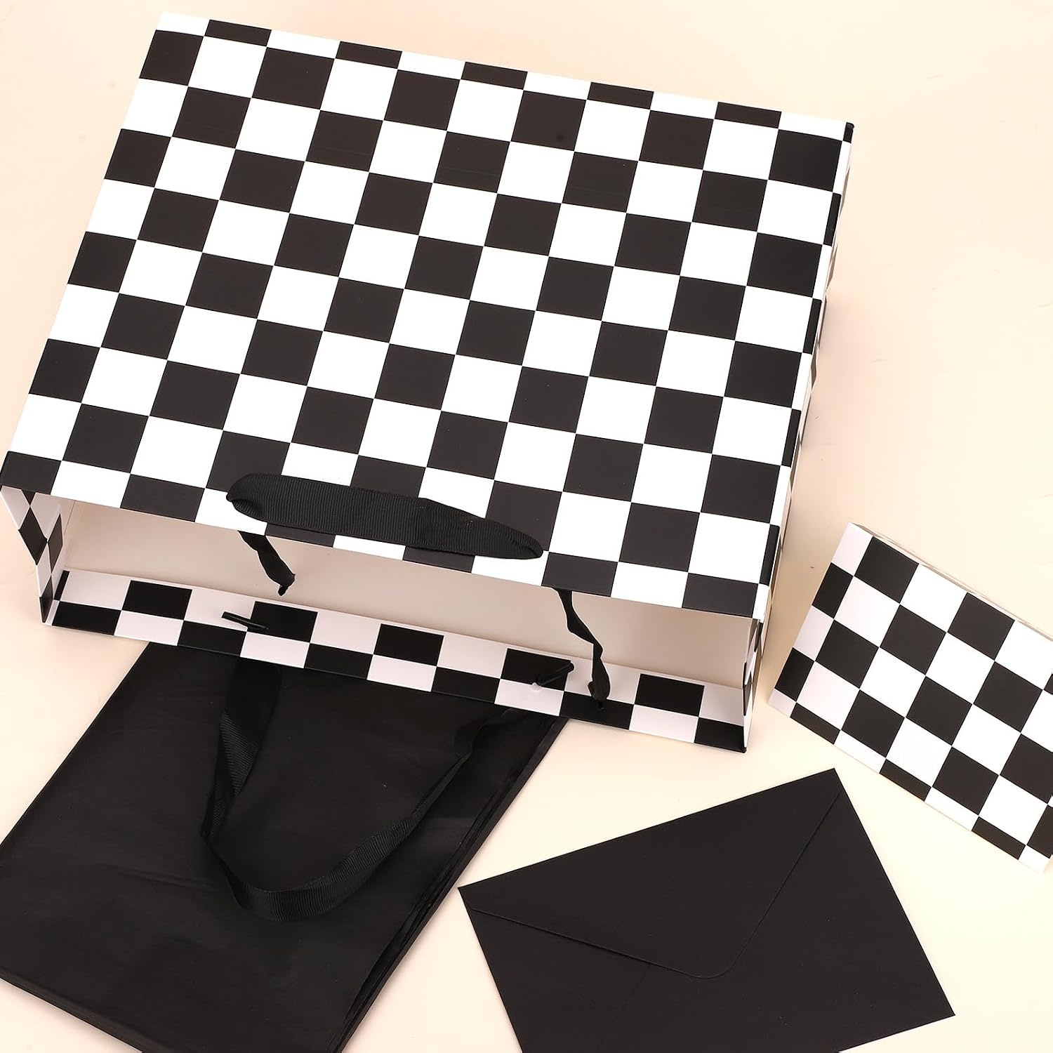 BOXOB Race Car Party Favors Bag Set, Cool Racing Car Goodies Bag with Greeting Card Envelope Tissue Wrap Black White Checkered Candy Treat Gift Wrap for Kids Adults Birthday Decorations Supplies image 4