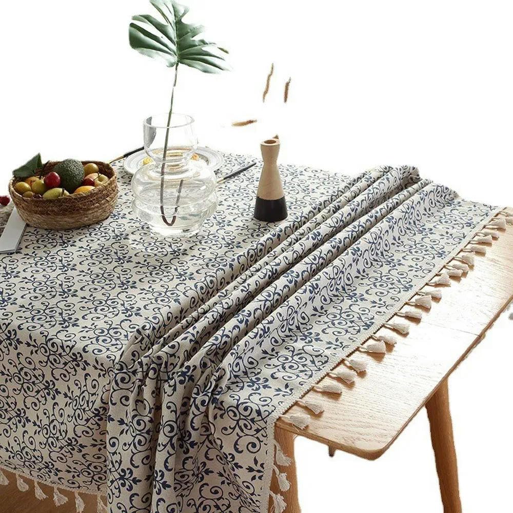 Mantel Rectangular de decoración de Lino y algodón de Porcelana Blanca y Retro Azul de Estilo Chino de 60~300cm con Borla Mantel para Mesa de té
