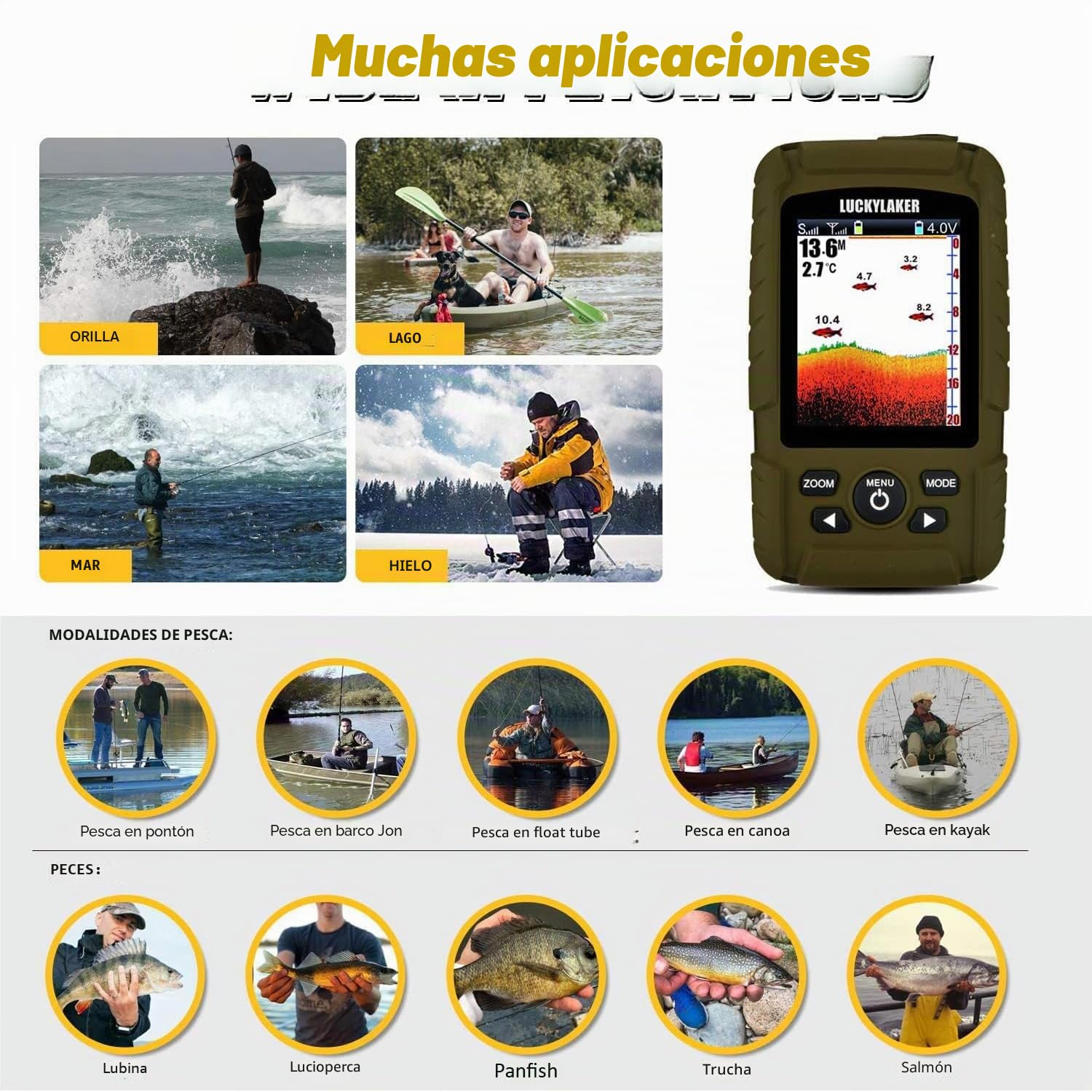 LUCKY Buscador de Peces Inalámbrico de Mano con Transductor Impermeable para Pesca en Hielo Kayak Mar