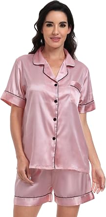 Super Shopping-zone Womens Satin Pajama Set Silk Pjs Button Down Pajamas Short Sleeve Sleepwear Lounge Set