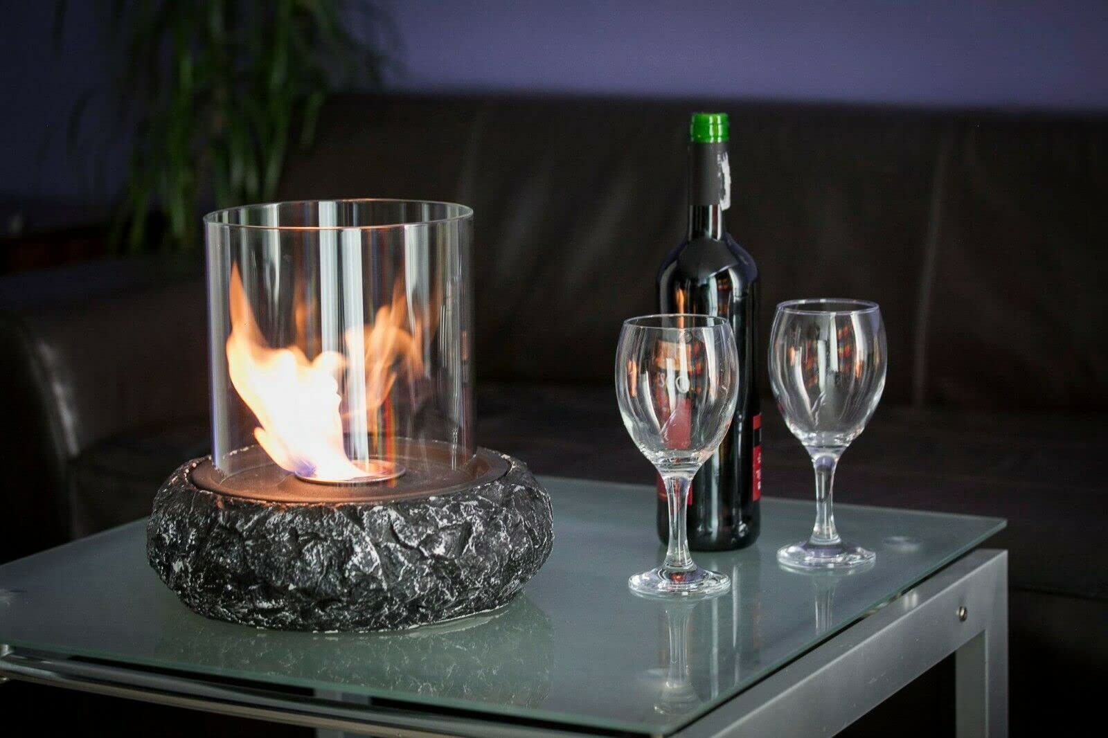 B2CBio Ethanol Fireplace Large Round Indoor Outdoor Glass Top Burner Safe Table Top Bioethanol