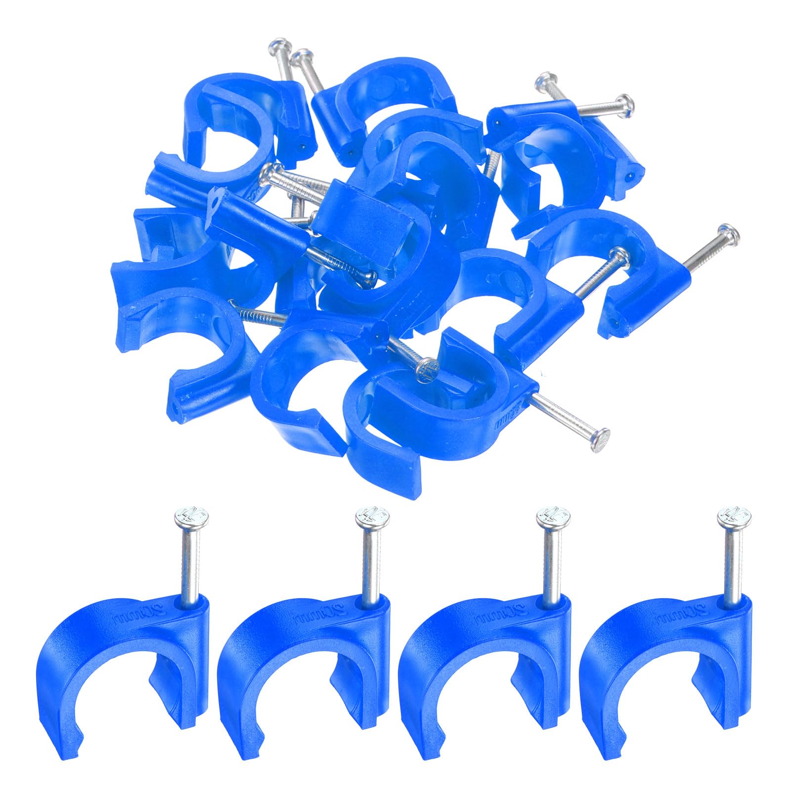 sourcing map 50pcs Cable Clips with Nail 20mm Thicken Circular Single Half Clamp J-Hook with Nail Cord Clips for Wires on Wall for Ethernet Tacks Coax Pex Tubing Pipe Support, Blue