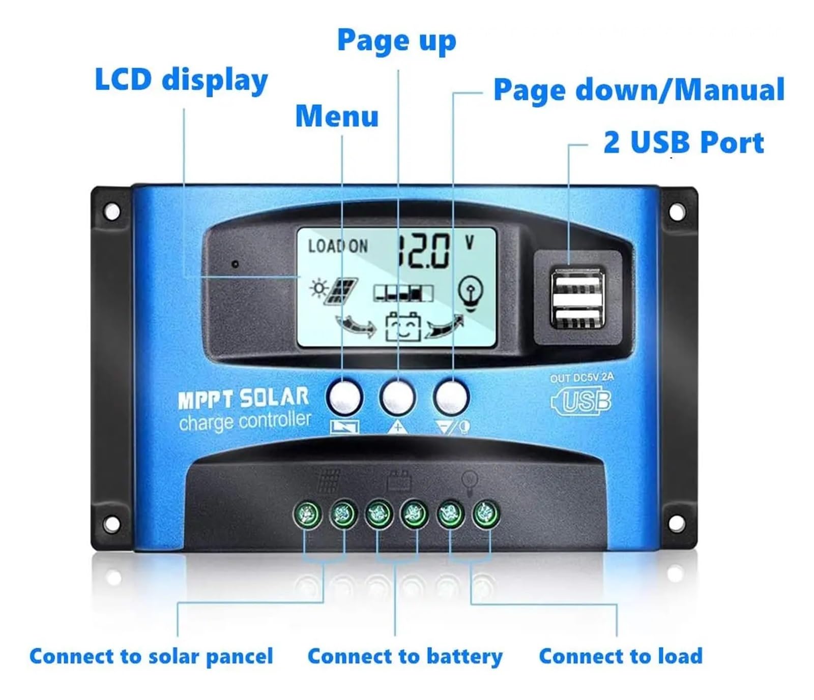 Controlador de cargador solar Controlador de carga Solar MPPT 100A 60A 50A 40A 30A, pantalla LCD USB Dual, regulador de cargador de Panel de células solares de 12V 24V con carga(100A)