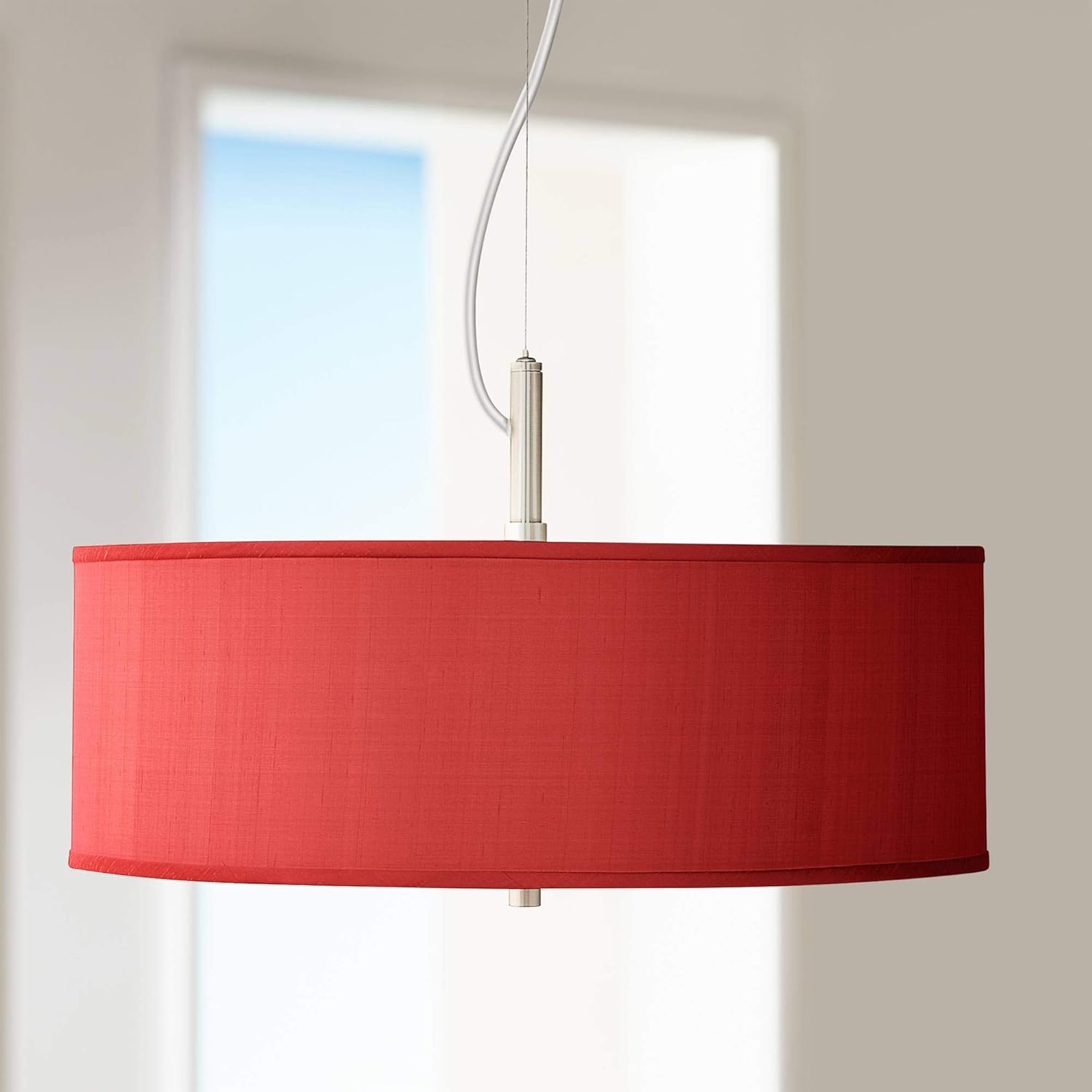 Possini Euro Design Brushed Nickel Pendant Chandelier Lighting 20" Wide Modern Red Faux Silk Drum Shade 3-Light Fixture for Dining Room Living House Home Foyer Kitchen Island Entryway Bedroom