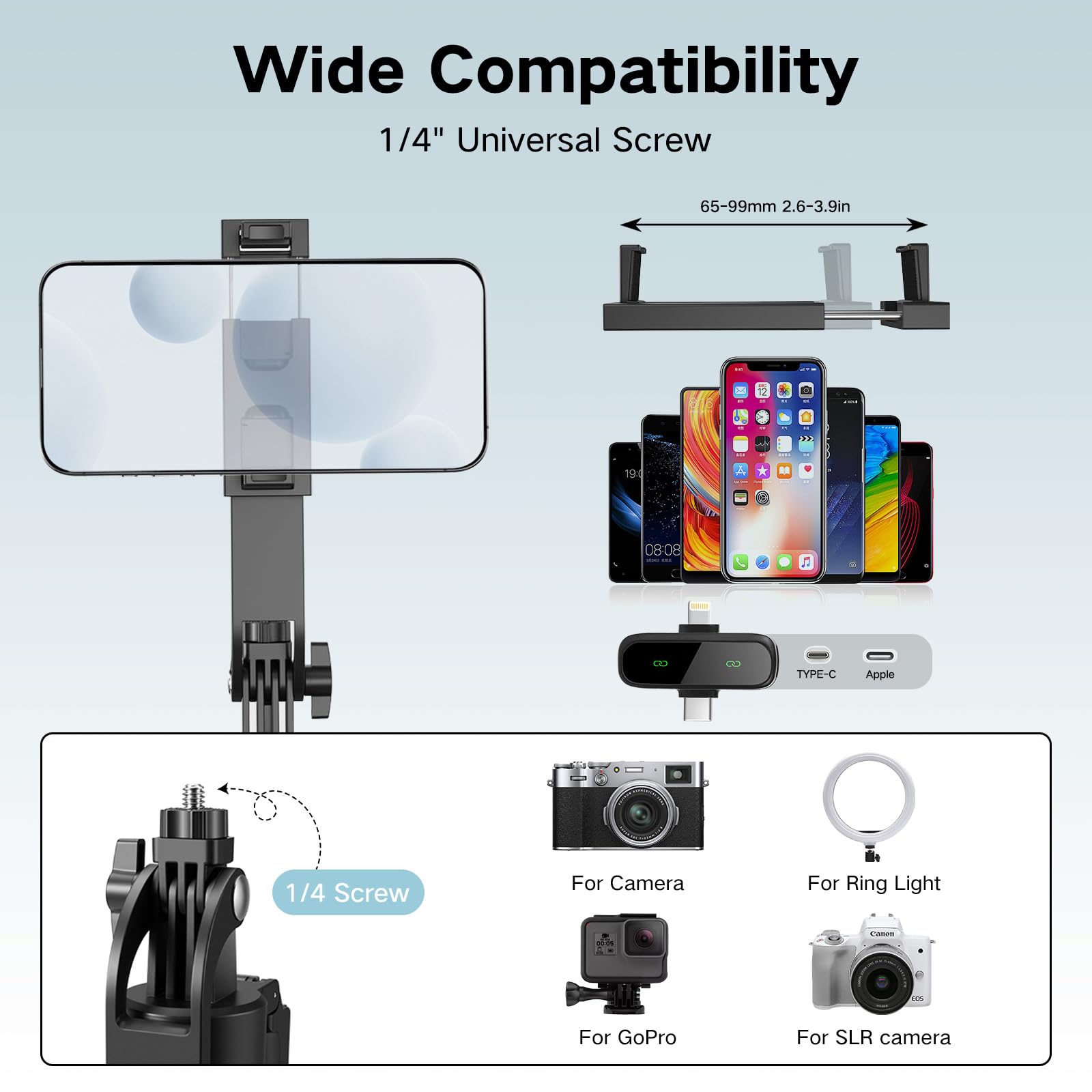 Set di vlogging per iPhone/Android, 180 cm, con tracciamento automatico del viso, rotazione a 360° per cellulare, supporto per contenuti, starter set con luce e microfono, bastone per selfie per