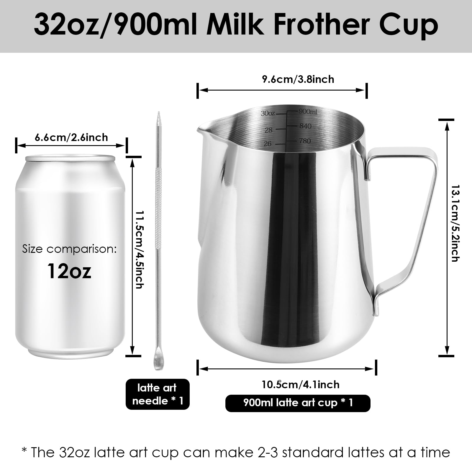 Paquete de 2 jarras de espuma de leche de 900 ml, jarras de vapor de acero inoxidable para leche/café/capuchino/latte art barista, jarra de leche con bolígrafo artístico (2)
