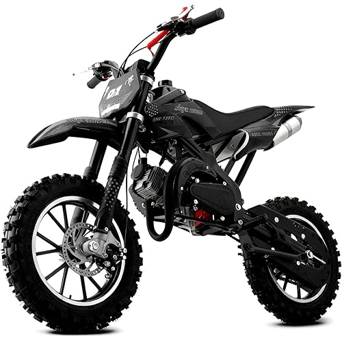 50cc Dirt Bike for Kids, 2-Stroke Gas Power Motorcycle, Off-Road Mini Dirtbike Kids 8-14 with Dual Disc Brakes and Shock Absorption Up to 25 MPH, Easy Pull Start (Black)