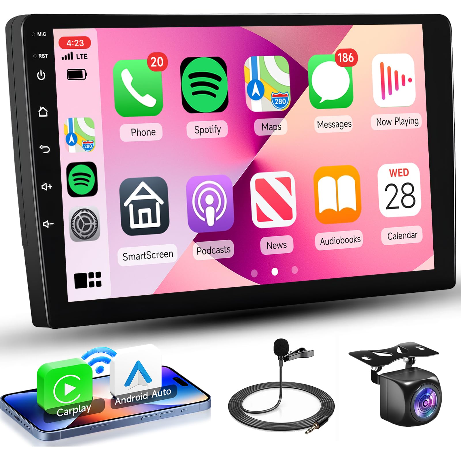 2G 32G Android Car Stereo Double Din with Wireless Apple Carplay, 9 Inch Touch Screen Car Radio 2 Din with GPS Navigation Bluetooth FM HiFi WiFi USB Android Auto + AHD Backup Camera