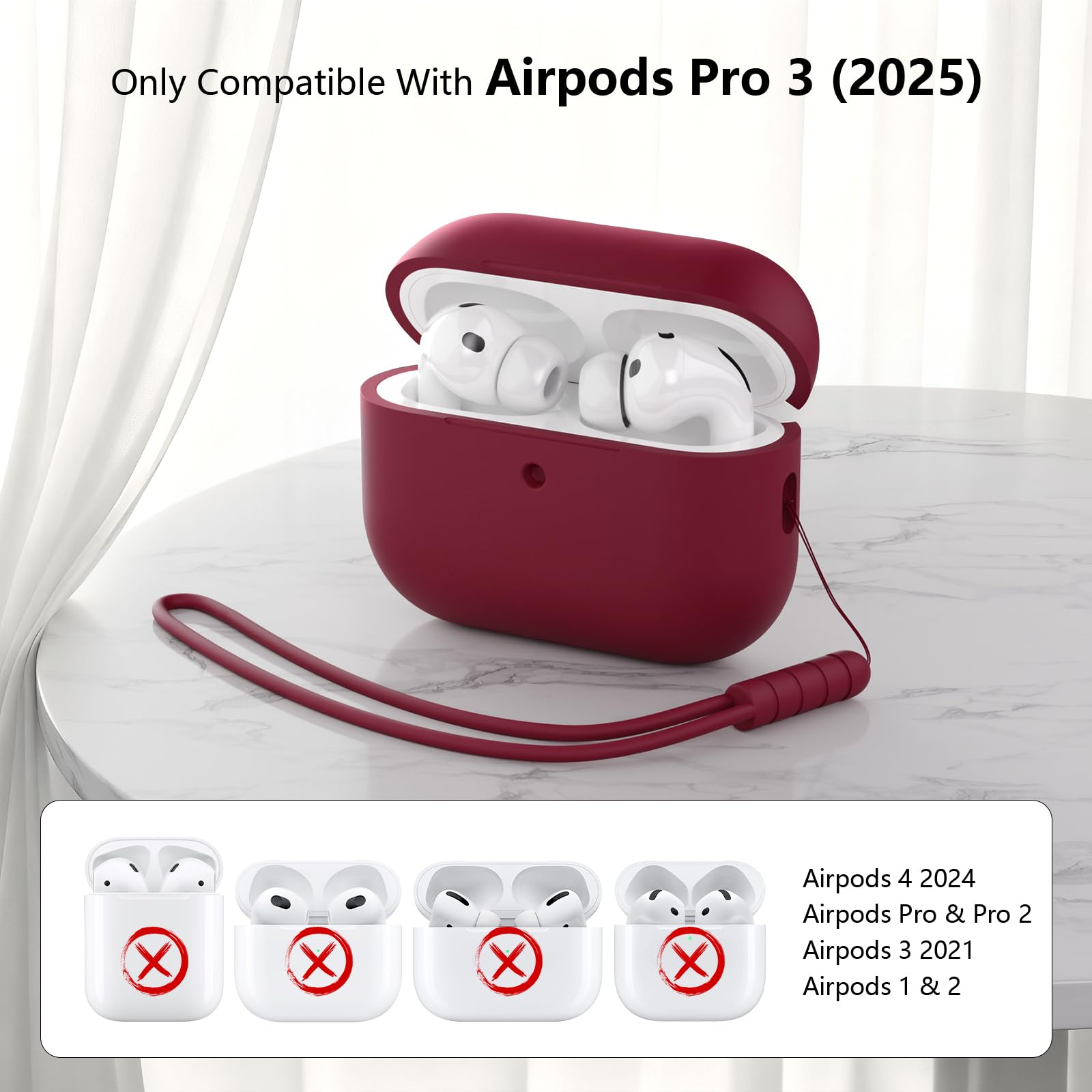 Silikonowe etui Kompatibel mit AirPods Pro 3. generacji, pełna ochrona, miękkie silikonowe etui na AirPods Pro 3 z silikonową smyczą, widoczna przednia LED, Burgund