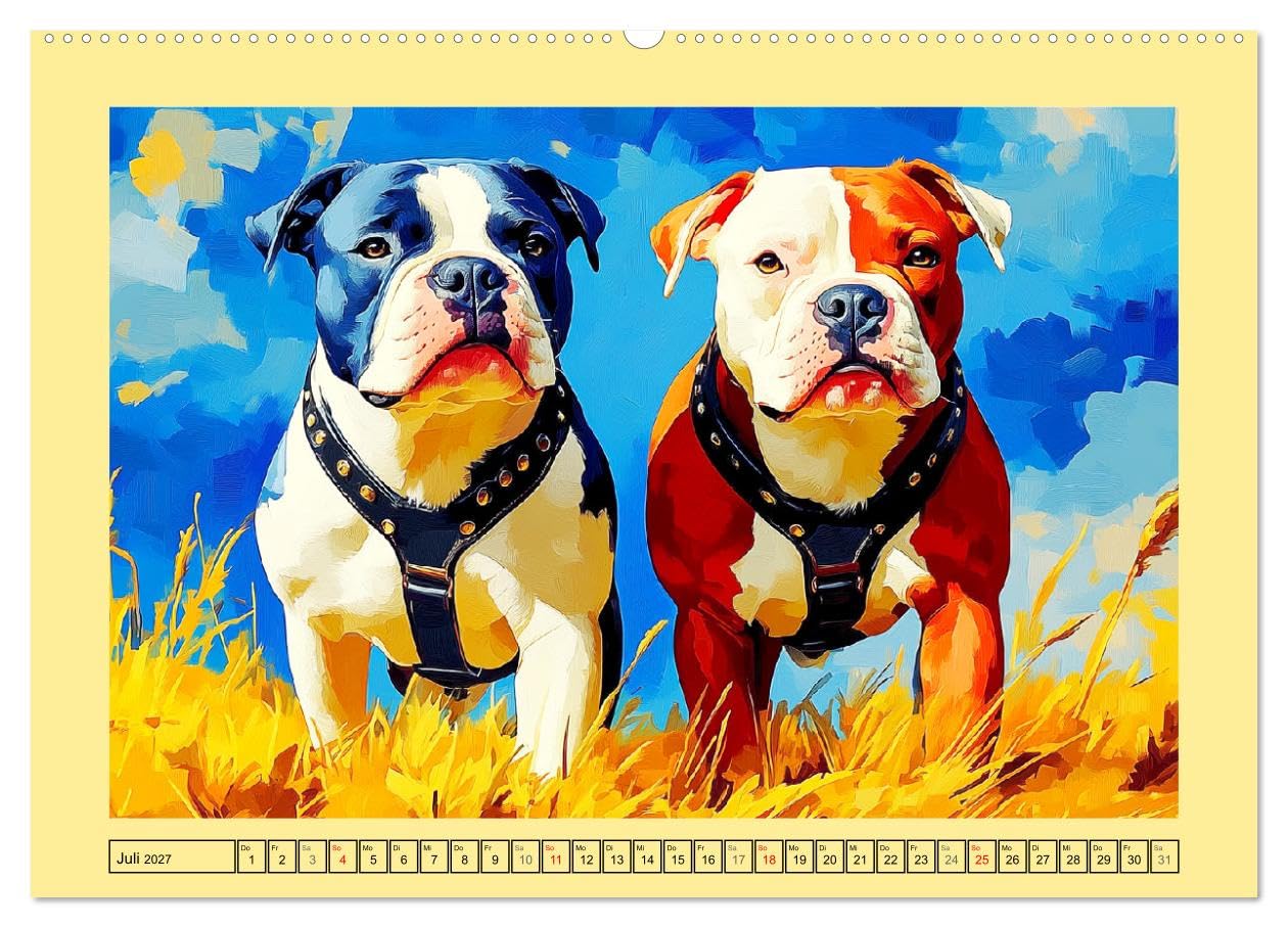CALVENDO - Pit Bulls und Familie. Bunte Bull Breed Schönheiten (hochwertiger Premium Wandkalender 2027 DIN A2 quer), Kunstdruck in Hochglanz: Eine Sammlung einzigartiger Hunde-Porträts in farbenfrohen