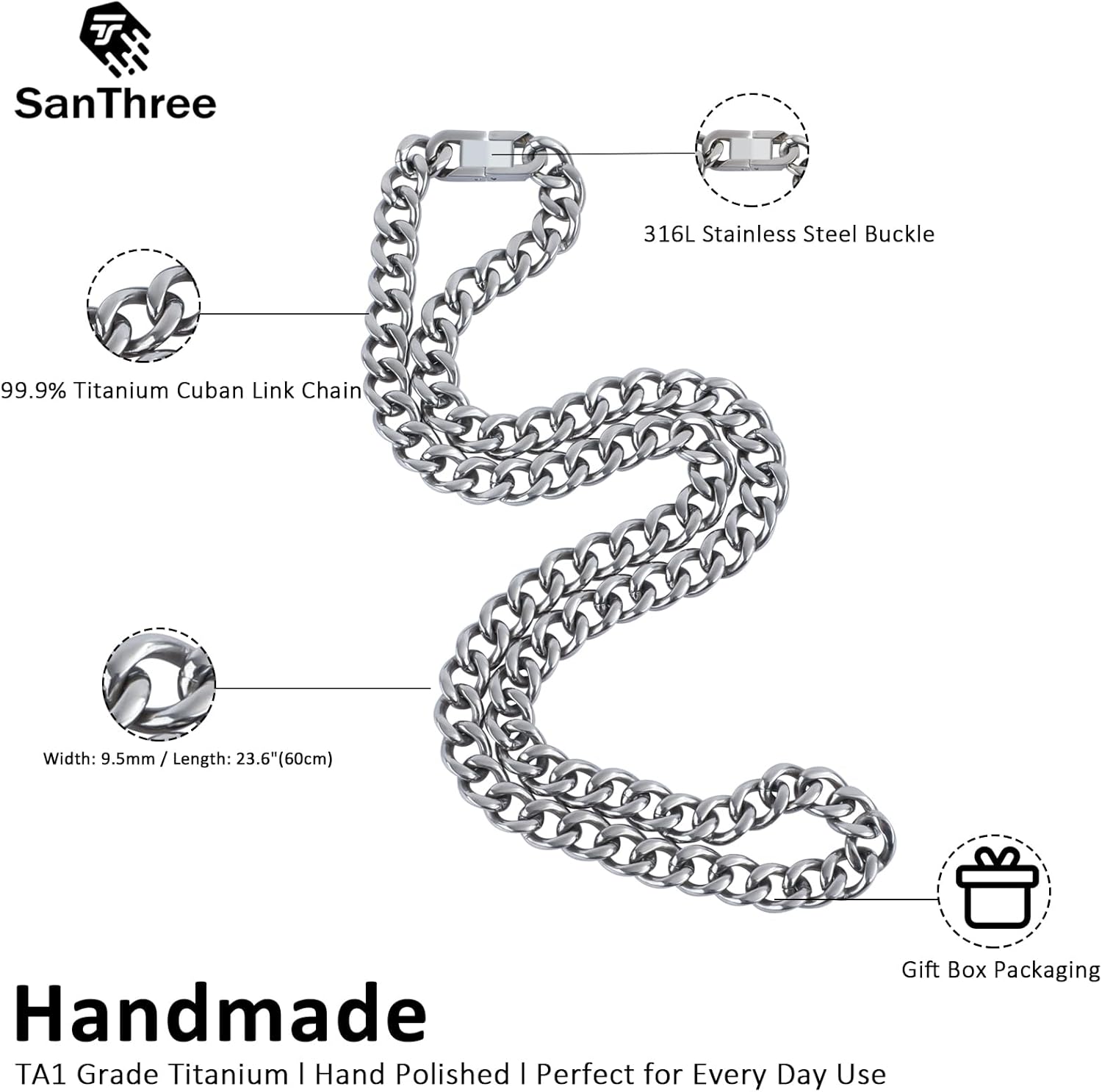SanThree 9.5mm Pure Titanium Cuban Link Chain Necklace, Ultra Lightweight Smooth Skin Friendly Solid Titanium Curb Link Chain for Men Women Valentines Day Anniversary Birthday Gift, 24 Inch - Image 4