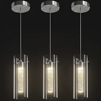 Esfos Pendant Ceiling Light Fixture, LED Kitchen Lighting Crystal Pendant Lights Kitchen Island, 1-Light Integrated Kitchen Hanging Light Fixture Modern Island Light with Bubble Glass Three Pack