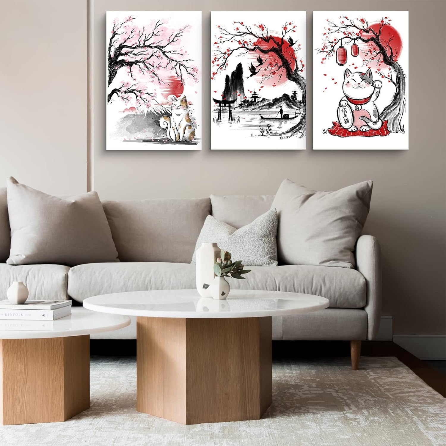 3 Piece Canvas Wall Art for Living Room Cherry Blossom Decor Japanese Decorations Painting Bathroom Bedroom Decor Red White Picture Japan Bay Ink Wash Modern Artwork Framed Ready to Hang Artwork-02 12x16inch x 3 Panels