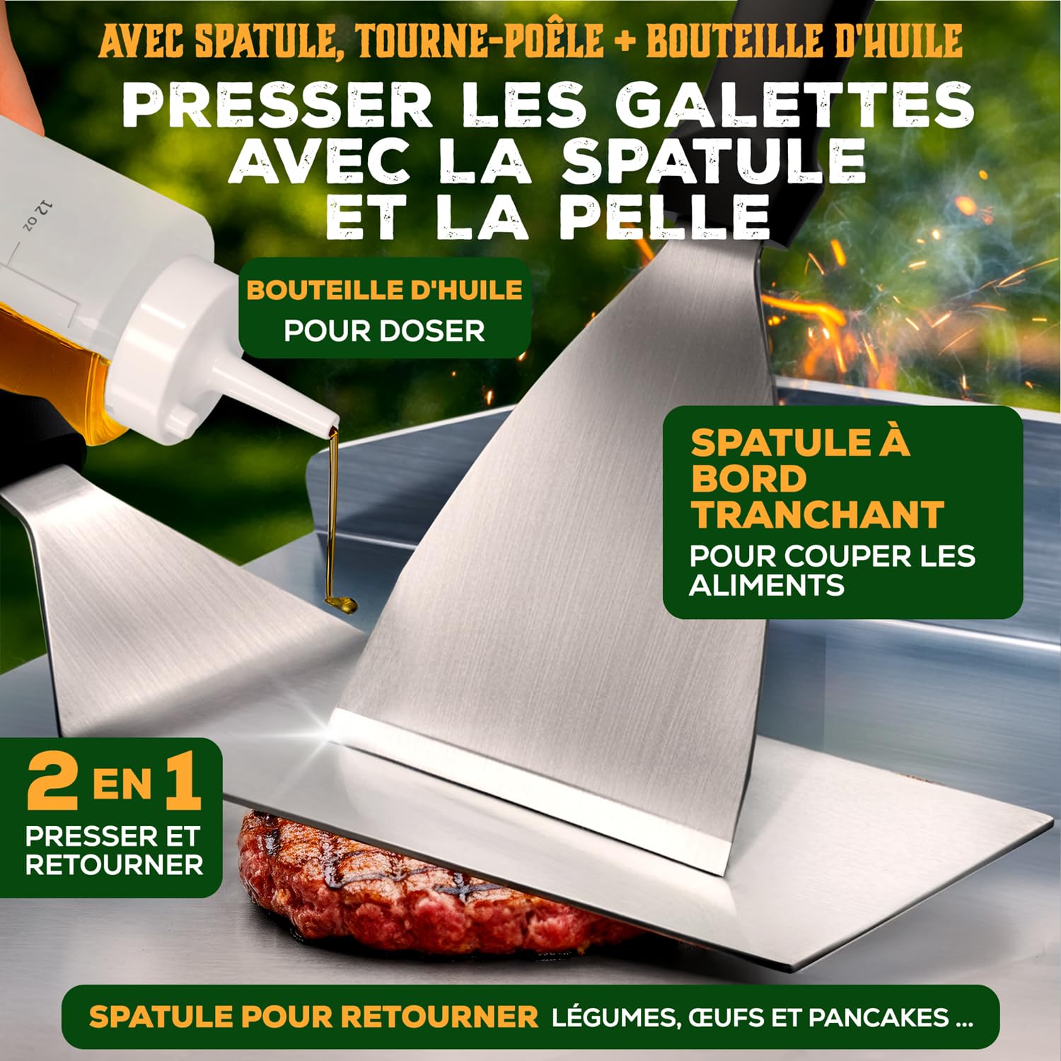 Blumtal set piastra per barbecue plancha in acciaio inox con 2 spatole e bottiglia per olio - 30x40 cm piastra acciaio per barbecue - piastra barbecue gas per aromi perfetti - plancha a gas robusta