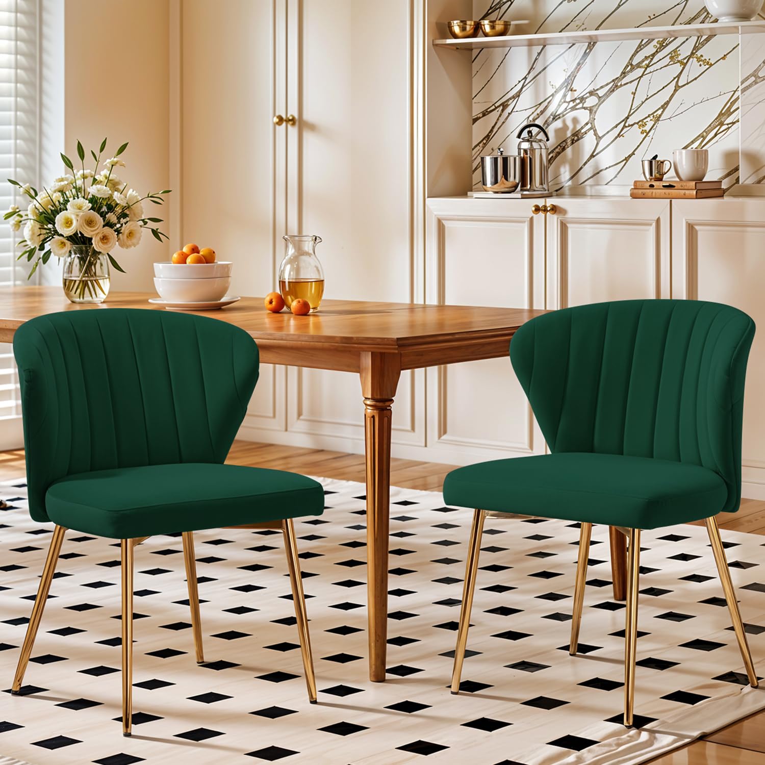 LOVSPATIO Velvet Dining Chairs Set of 2, Modern Upholstered Vanity Chairs with Golden Metal Legs for Dining Room Kitchen Vanity Patio (Green)