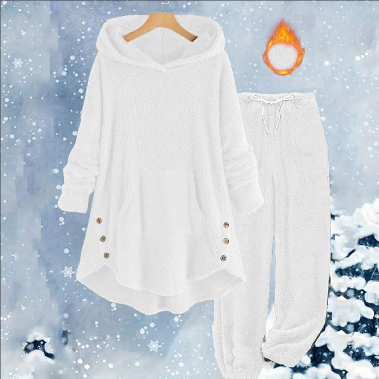 Generisch Pijama largo para mujer, conjunto de pijama térmico, ropa de dormir de dos piezas, cálido, forro polar, traje de ocio, 2 piezas, ropa de peluche, pijama