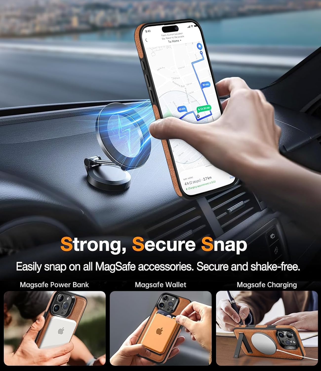 for iPhone 16 Pro Case Leather,[Compatible with MagSafe], Slim Adjustable Kickstand，Strong Magnetic Phone Case for iPhone 16 Pro (2024) 6.3" (Brown) - Image 3