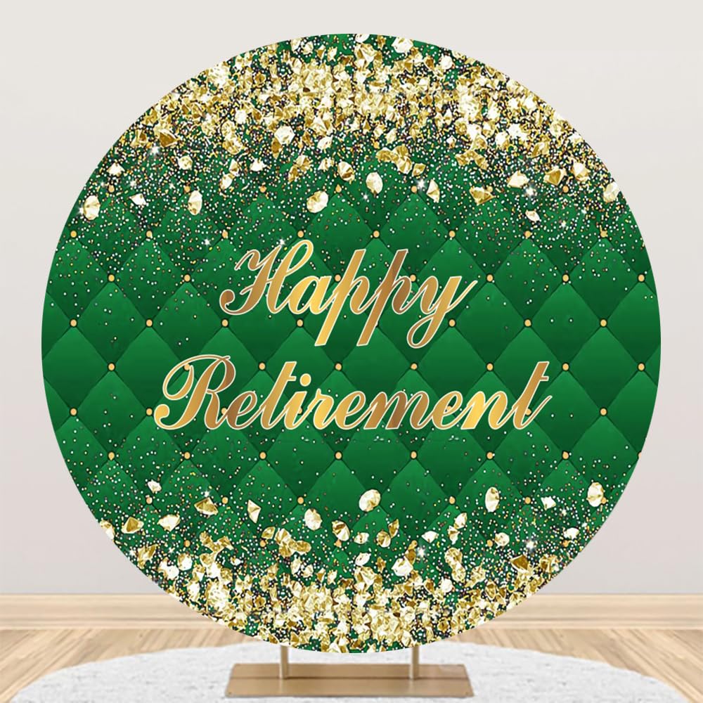 DORCEV 7.5x7.5ft Gold Green Glitter Happy Retirement Round Backdrop Cover Gold Diamonds Glittering Sequins Green Lozenge Happy Retirement Party Circle