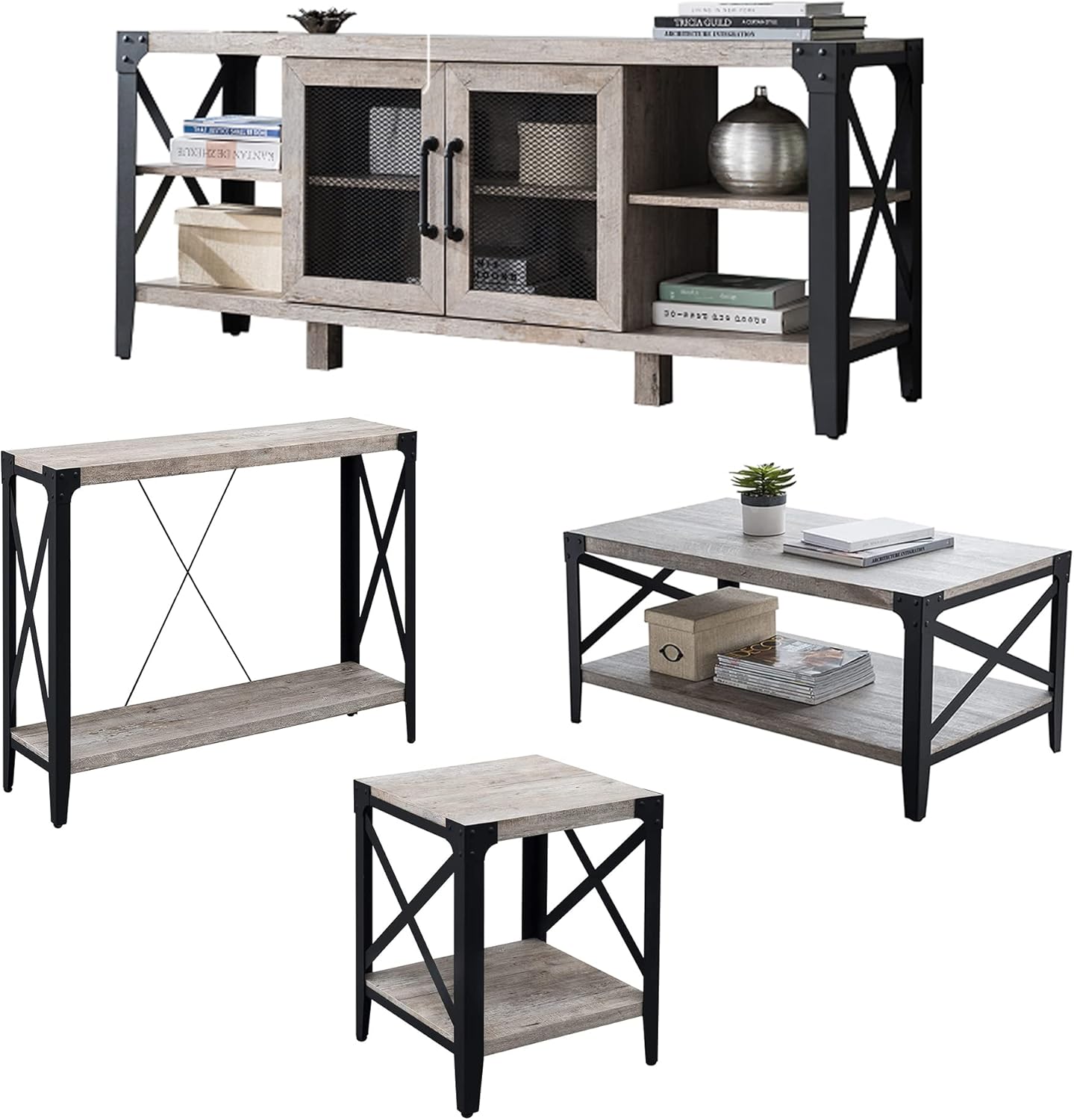 OKD 4Piece Industrial Living Room Table Set Includes TV