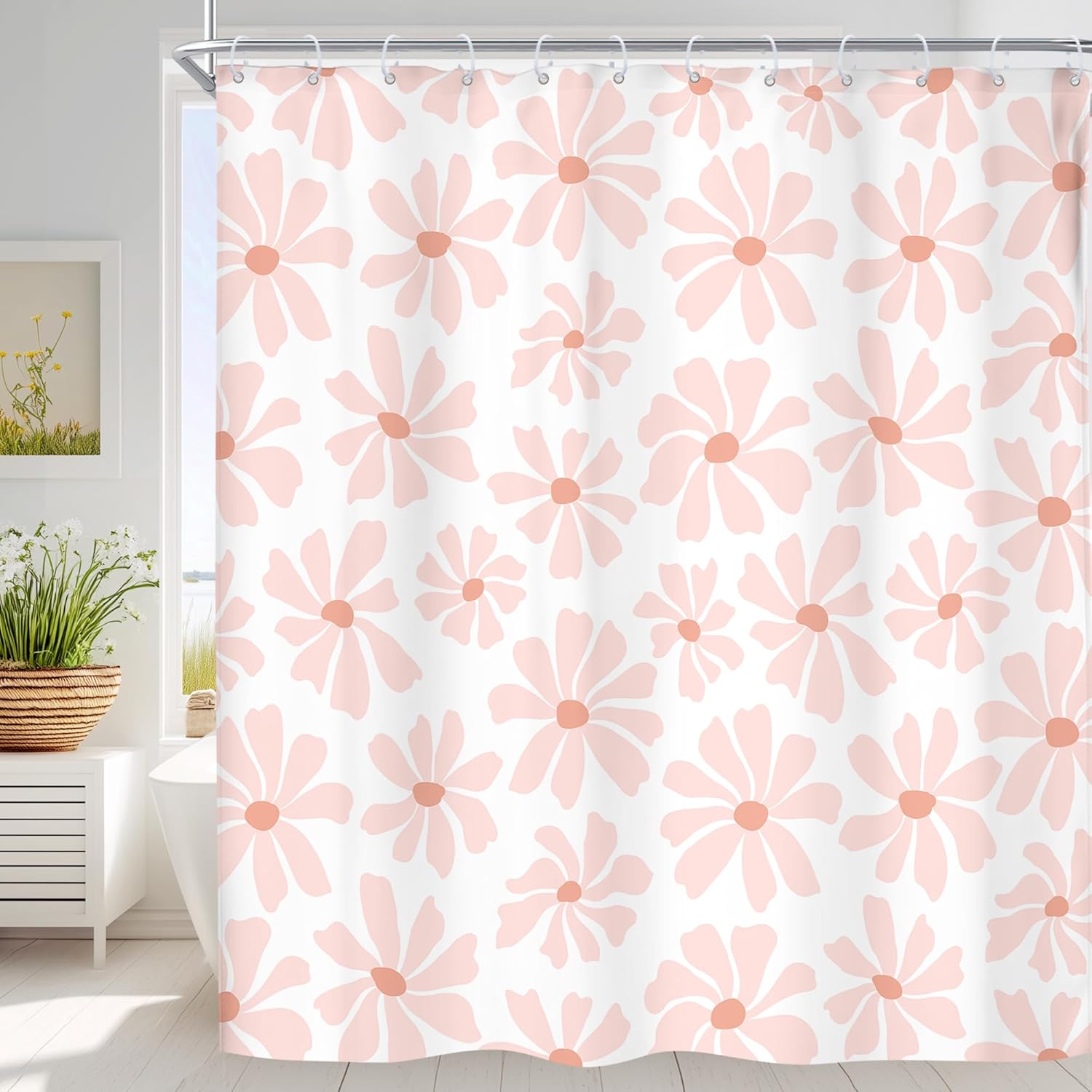 Riyidecor Extra Long Blush Pink Daisy Shower Curtain Floral Cute Girly Boho Spring Summer Flower Pretty Pastel 72Wx84H Inch Aesthetic Women Fabric Decor Bathroom Polyester Waterproof 12 Pack Hooks