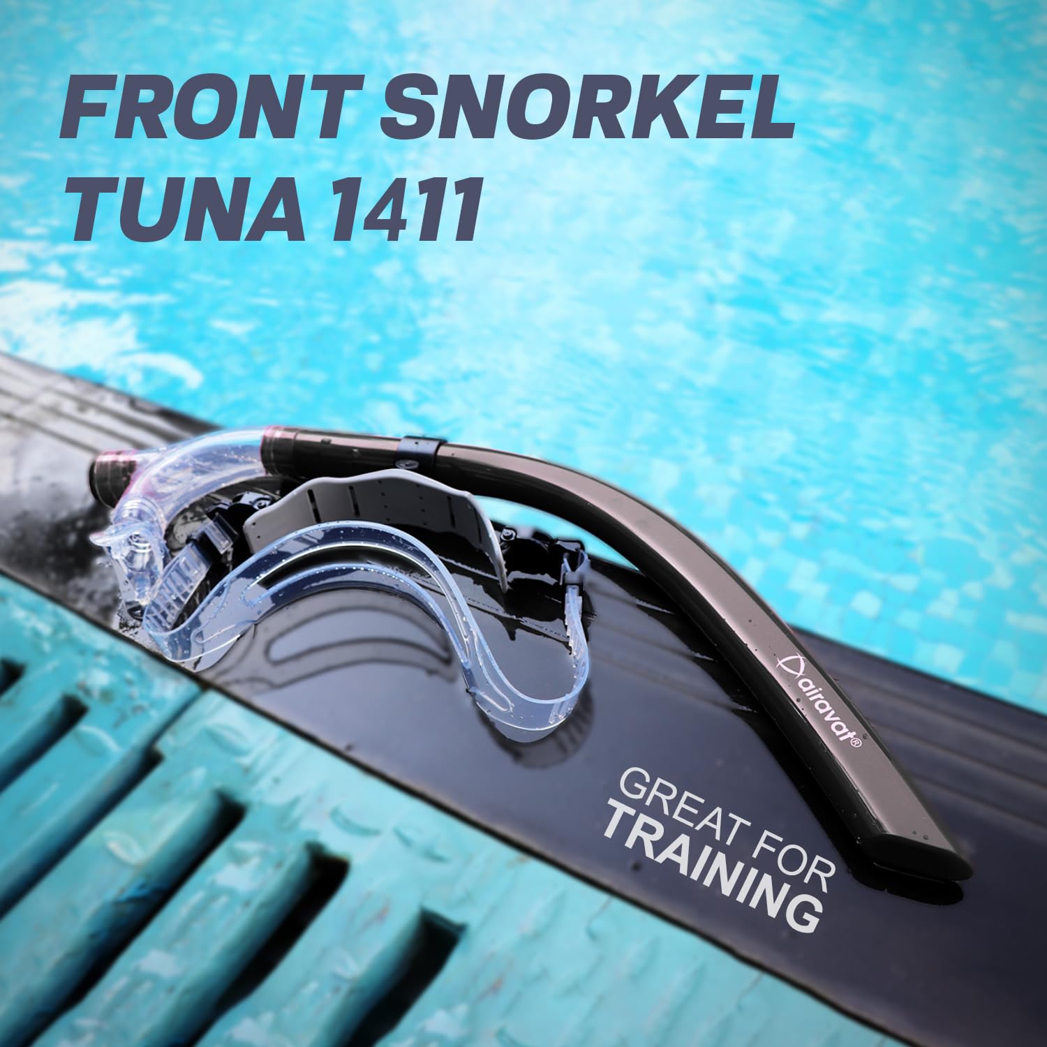 AIRAVAT Front Silicone Snorkel Tuna 1411 | Front-Mounted Swim Snorkel with Adjustable Head Bracket |for Swimming, Pool Training, Scuba Diving & Water Sports for Adults & Kids (Black)