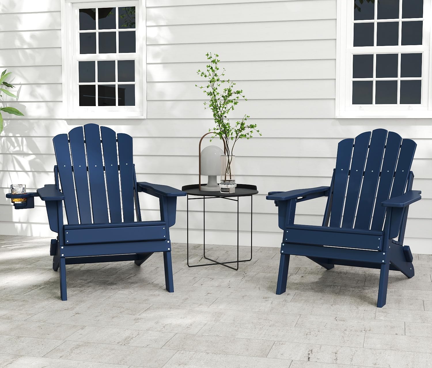 FOOWIN Adirondack Chair Set of 4, Folding HDPE Patio Chairs with Cup Holder, 400LBS Heavy Duty Fire Pit Chairs for Garden, Deck, Backyard, Weather Resistant, Easy Assembly, Navy Blue