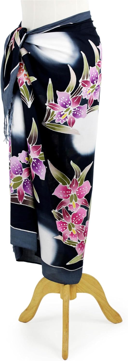 NOVICA Artisan Handmade Rayon Batik Sarong Artisan Crafted Black with Floral Motif Clothing Multicolor Patterned Thailand ' Luminous Orchids'