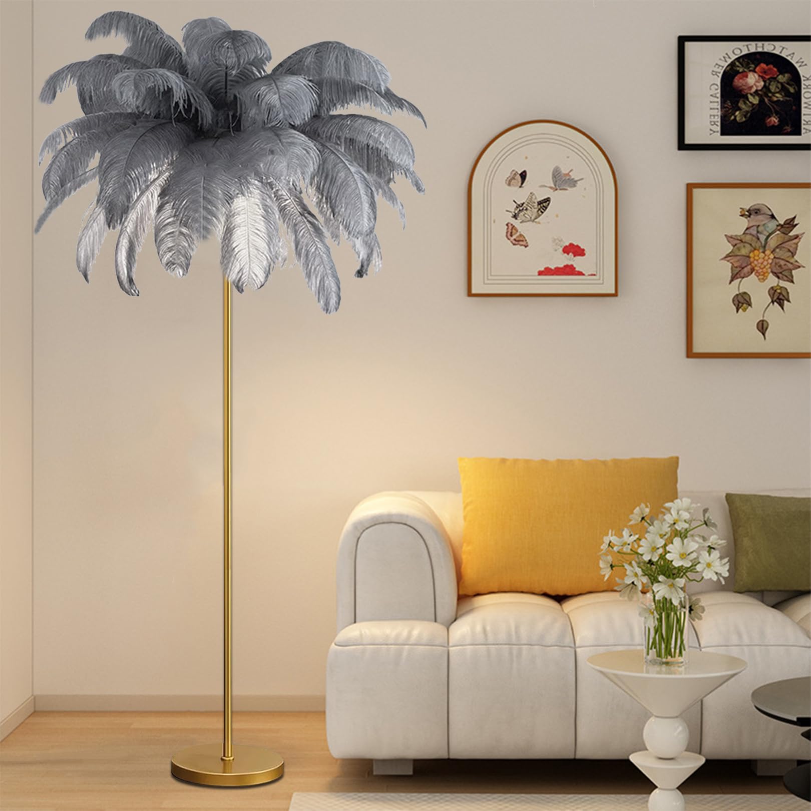 Lampadaire en plumes d'autruche gris pour salon élégant H160cm