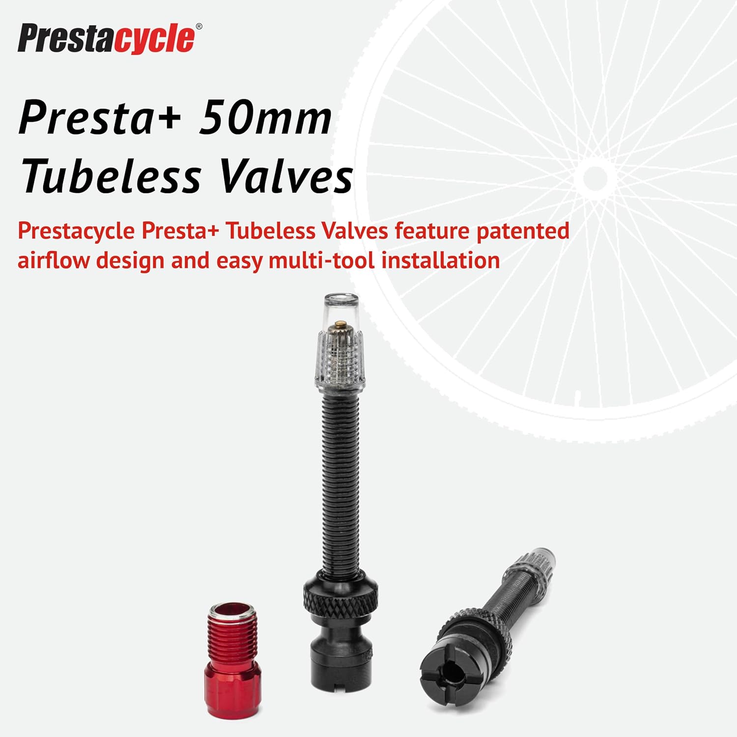Prestacycle Presta+ 50mm Tubeless Presta Valves, Patented 5-Way Airflow Design, High-Flow No Clog Valve Stem, Fits Tubeless Bike Tires – 2 Valves + Prestadapter Tool