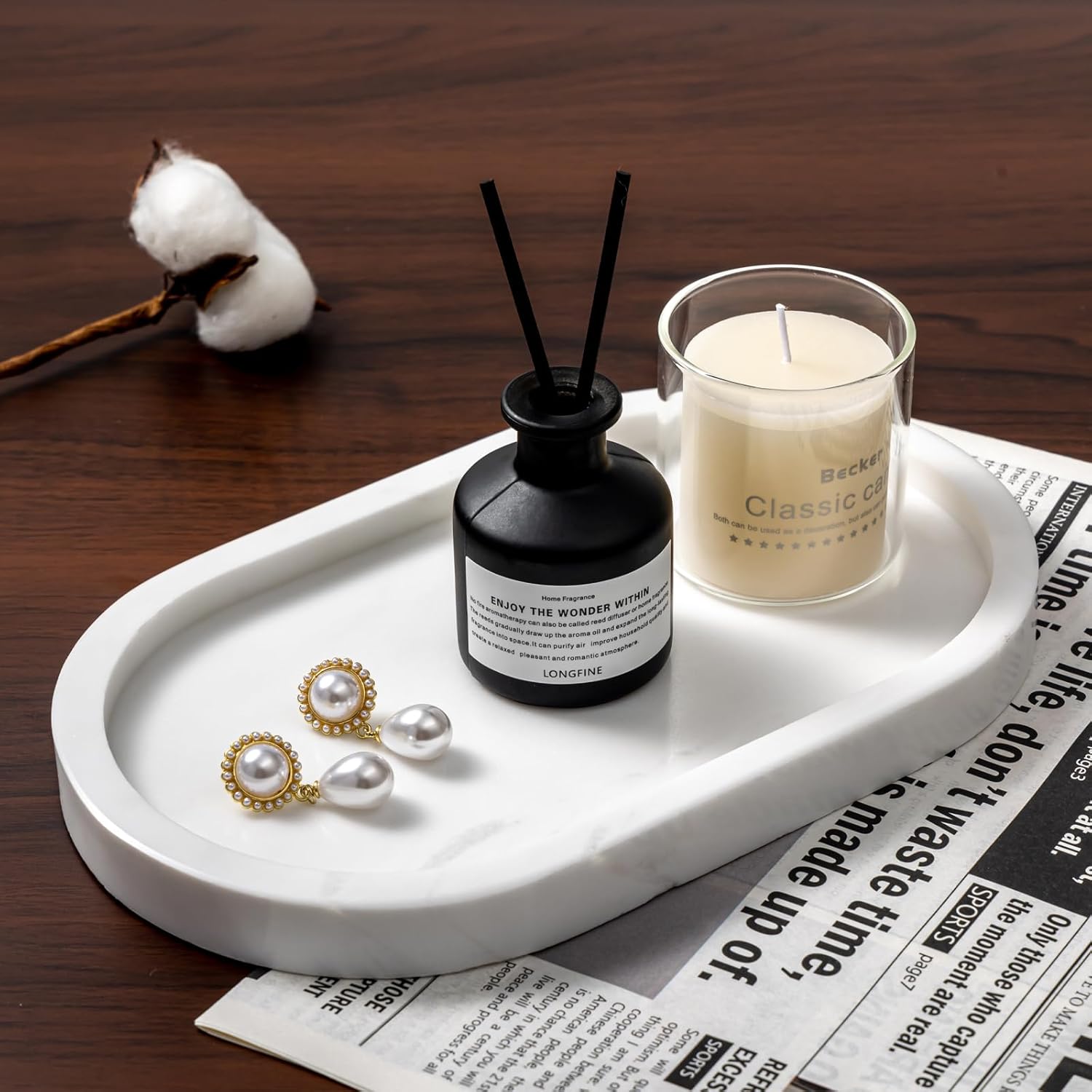 Oval Natural Marble Tray, Bathroom Vanity Organizer for Jewelry Watches Cosmetics Perfume Bottles, White Stone Tray 10x6 Inches - Image 4