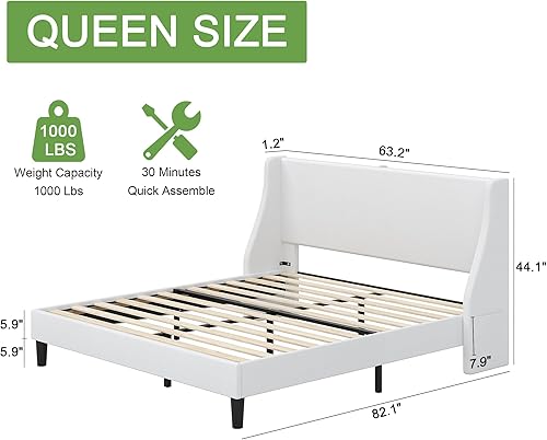 Miniatura 65 de VECELO Base de cama matrimonial con cabecera tapizada con respaldo alado, plataforma resistente con estación de carga y bolsillos laterales, no