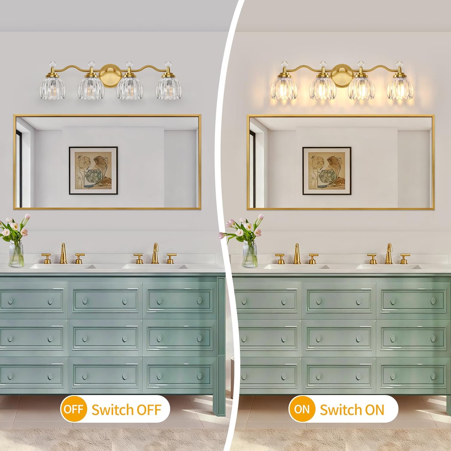 4-Light Bathroom Light Fixtures, Vanity Lights for Bathroom, Wall Lights for Mirror | Clear Glass Shade | Bulbs Not Included | Brushed Gold